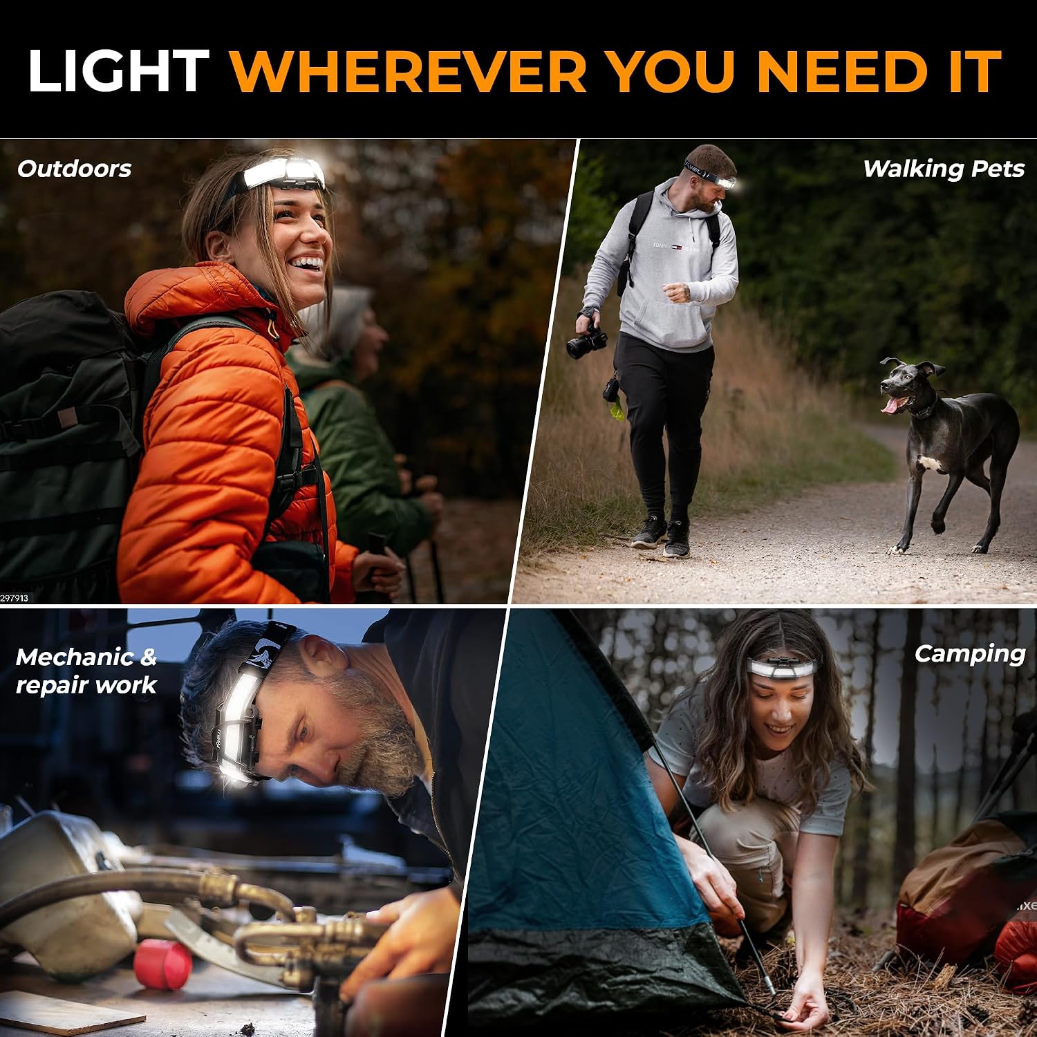 Foxelli Wide Beam Headlamp – USB Rechargeable LED Head lamp Flashlight, Ultra Bright 210° Illumination, Low Profile, 14 LEDs, Waterproof, Lightweight & Comfortable Headlight