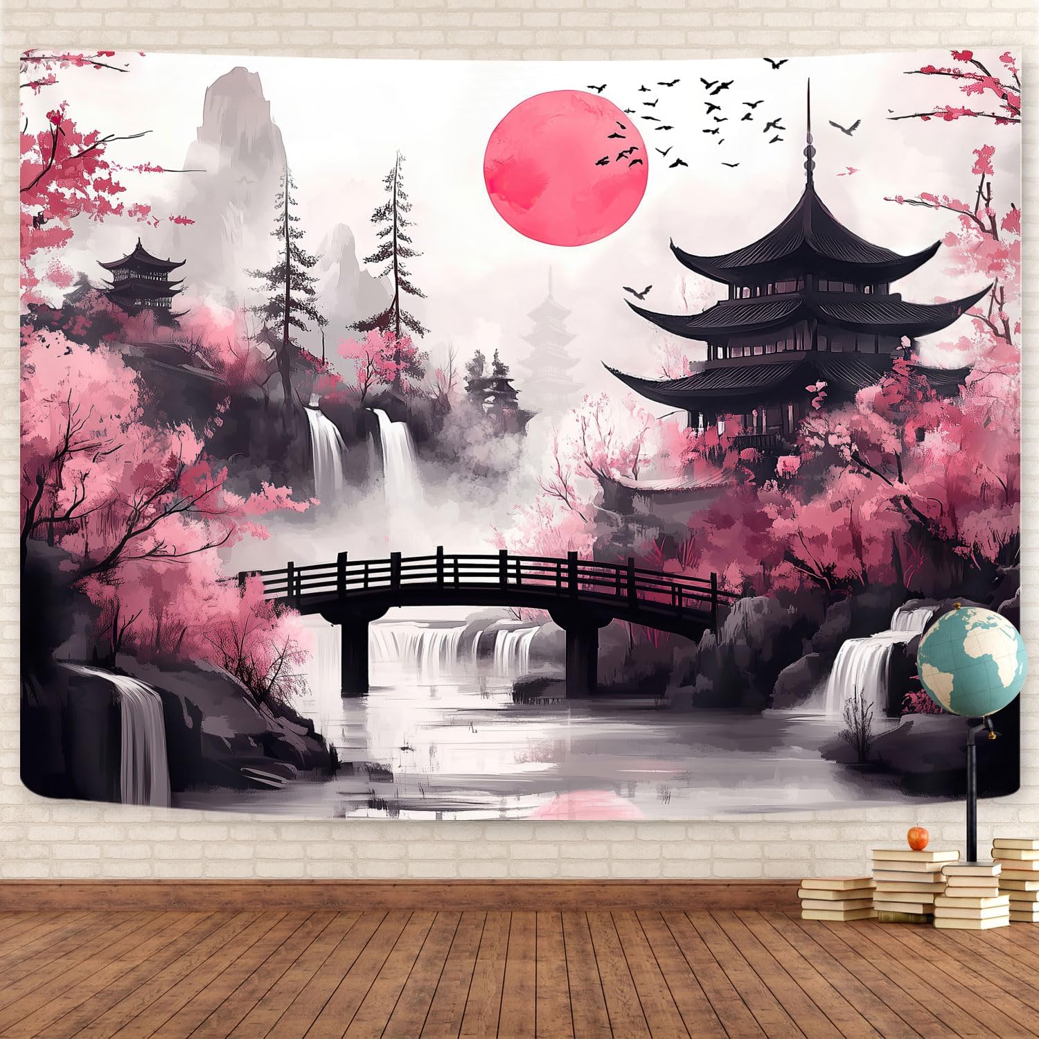 Japanese Anime tapestry, Cool Japan Cherry Blossom Floral Mountain Waterfall Sun Asian Oriental Abstract Ink Art tapestry, Black Pink Nature Landscape Tapestries for Living Room College Dorm, 60X40IN