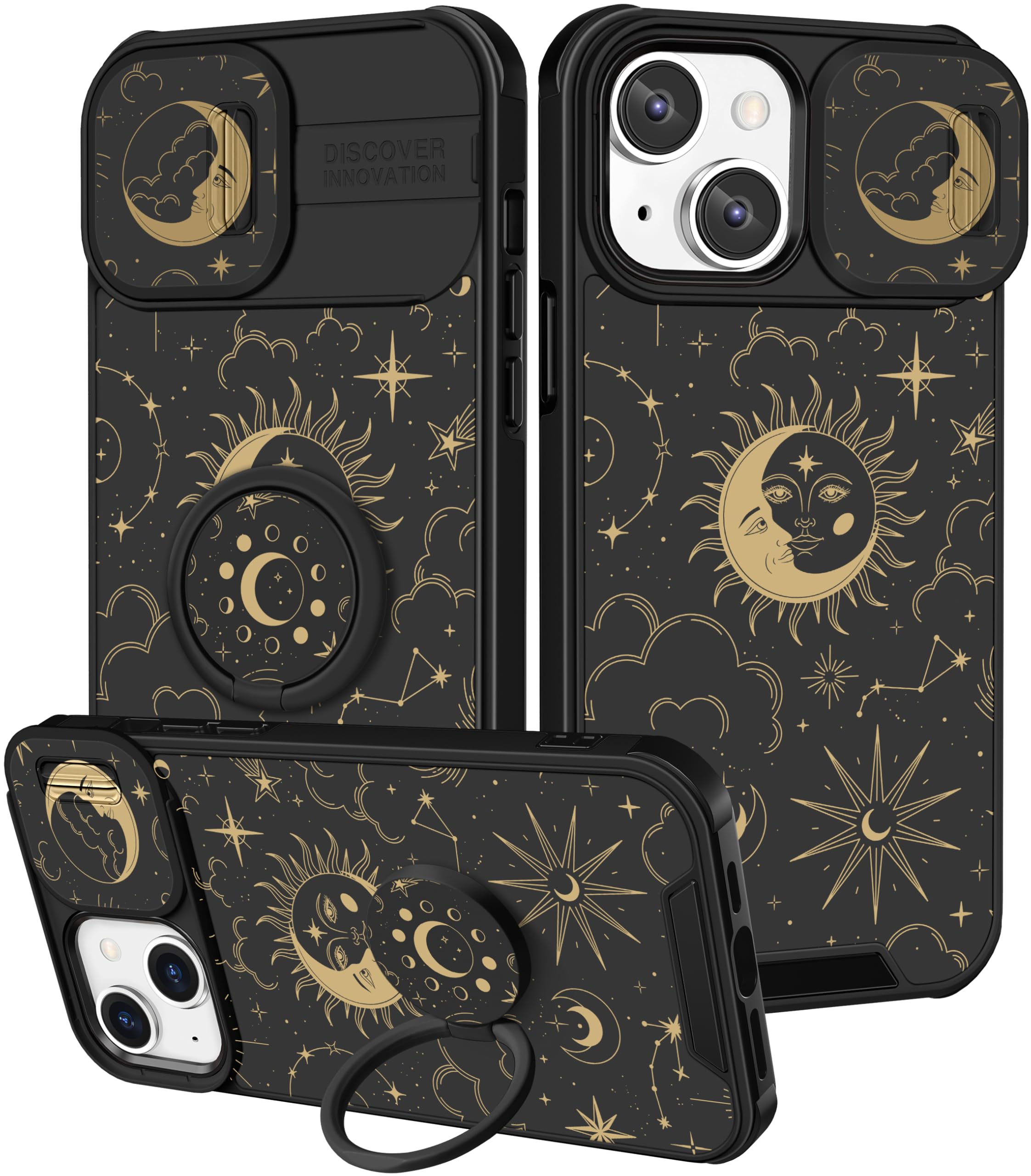 Funermei for iPhone 13/for iPhone 14 Case - Women Girls Cute Phone Cover Girly Pretty Aesthetic Sun Moon Stars Unique Design with Camera Cover Funda for Apple for iPhone 13/for iPhone 14