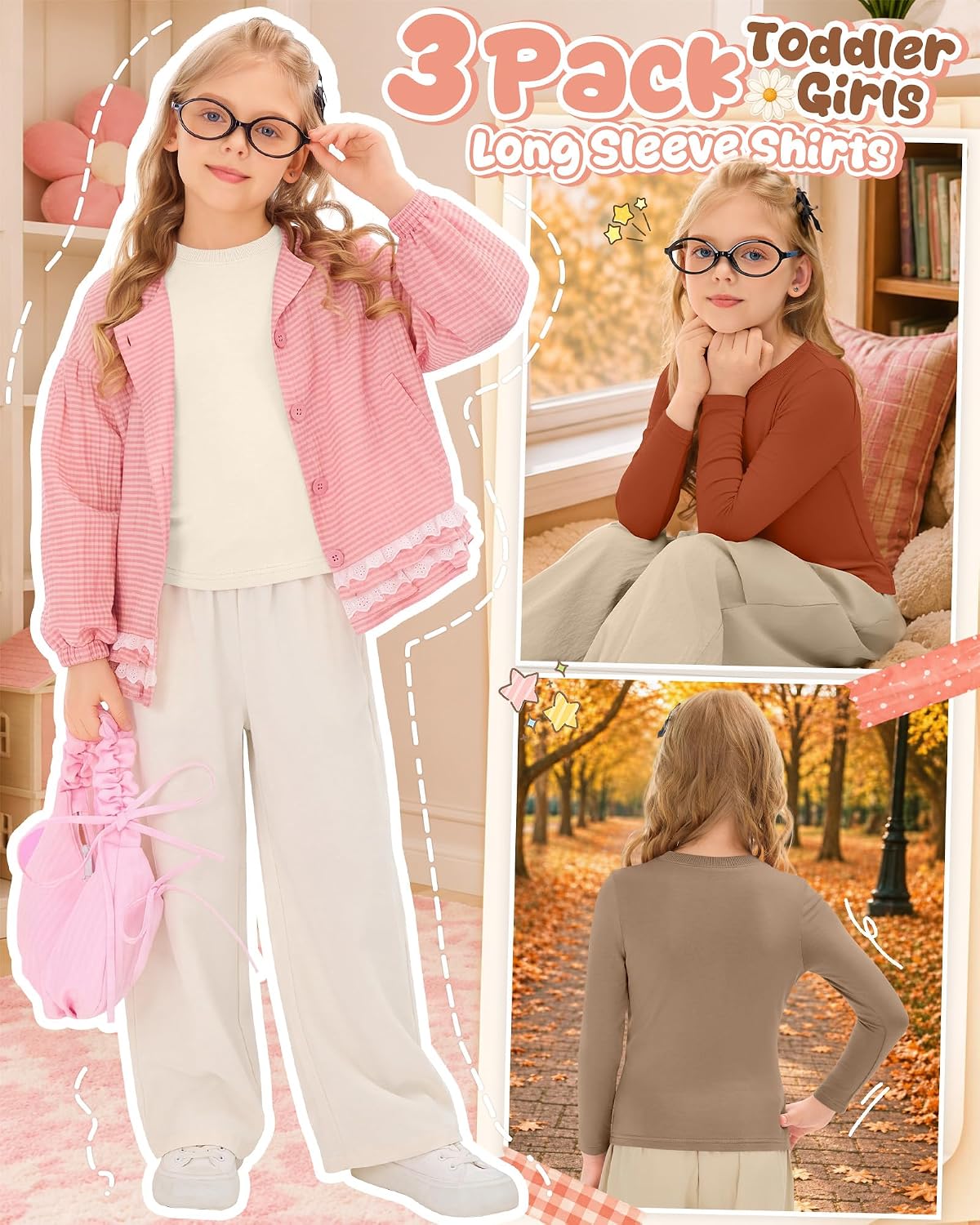 3 Pcs Toddler Girls Cotton Fitted Long Sleeve Shirt