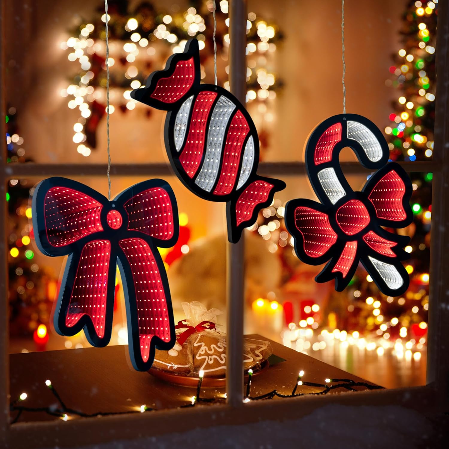 Christmas Infinity Lights, 14'' led Christmas Decorations Lights 3 Pack Bow,Candy Cane, Party &Tree Door Glass Decoror