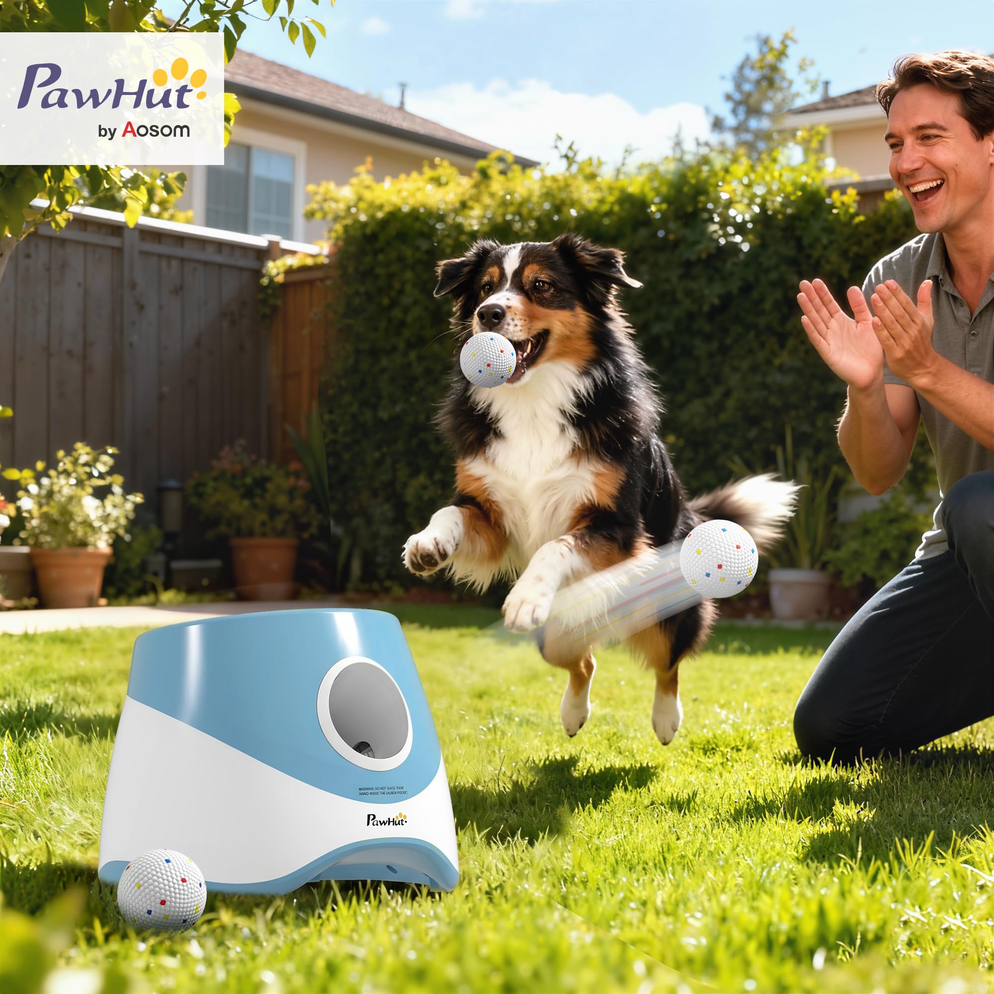 PawHut Lanceur Automatique de Balles pour Chiens Petits et Moyens avec 3 Balles en ETPU, 3 Distances (6m/10m/14m), Jouet d'Entraînement Intérieur Extérieur, Bleu