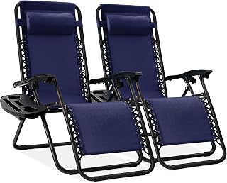 Best Choice Products 2-Pack Navy Blue Zero Gravity Lounge Chairs w/ Cup Holders, Pillows - Adjustable Steel Mesh Recliners