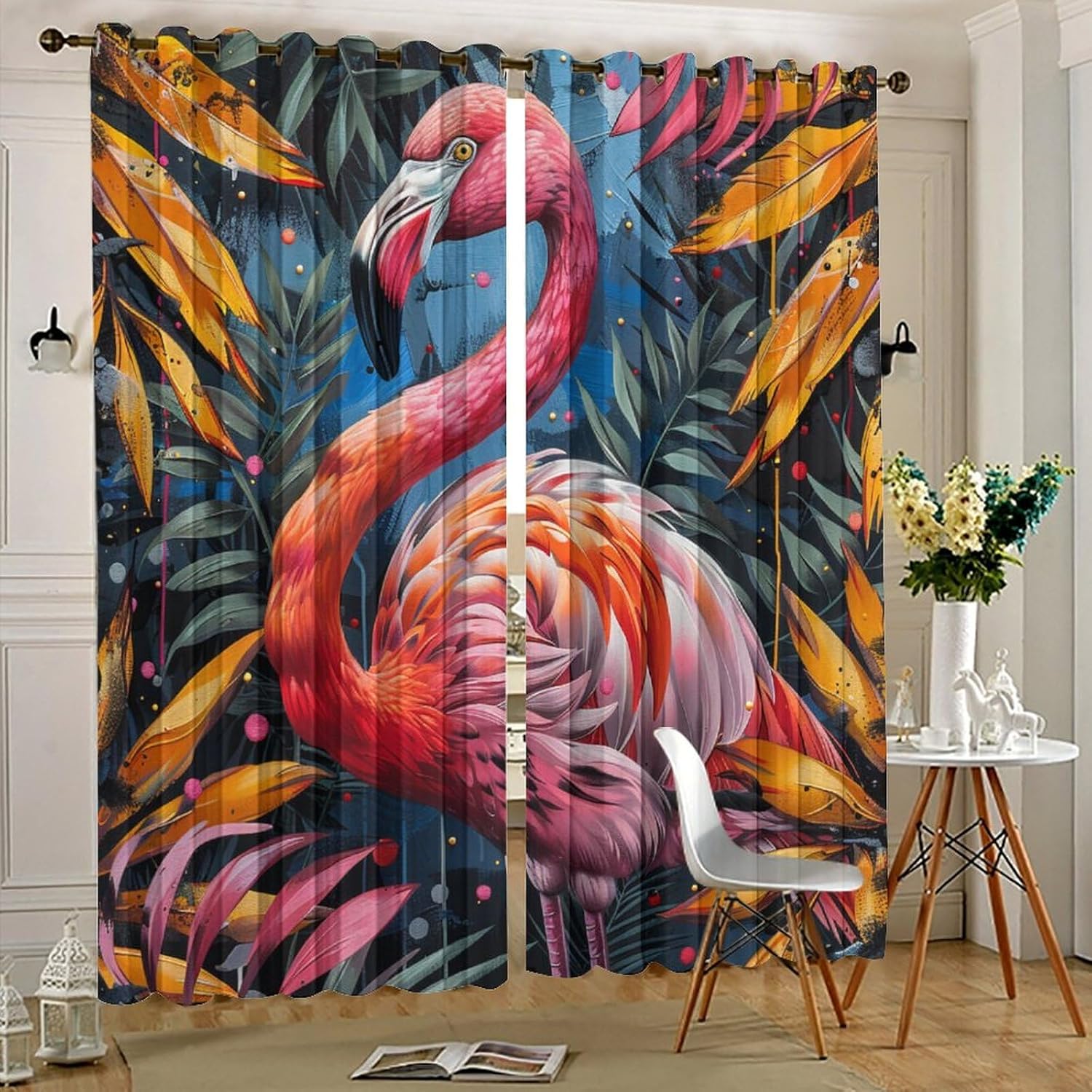 Flamingo Fantasy Curtains for Bedroom, Retro Jungle Palm Tree Leaf Grommet Blackout Curtains Thermal Insulated Window Drapes for Living Room, 21W x 45L, 2 Panels