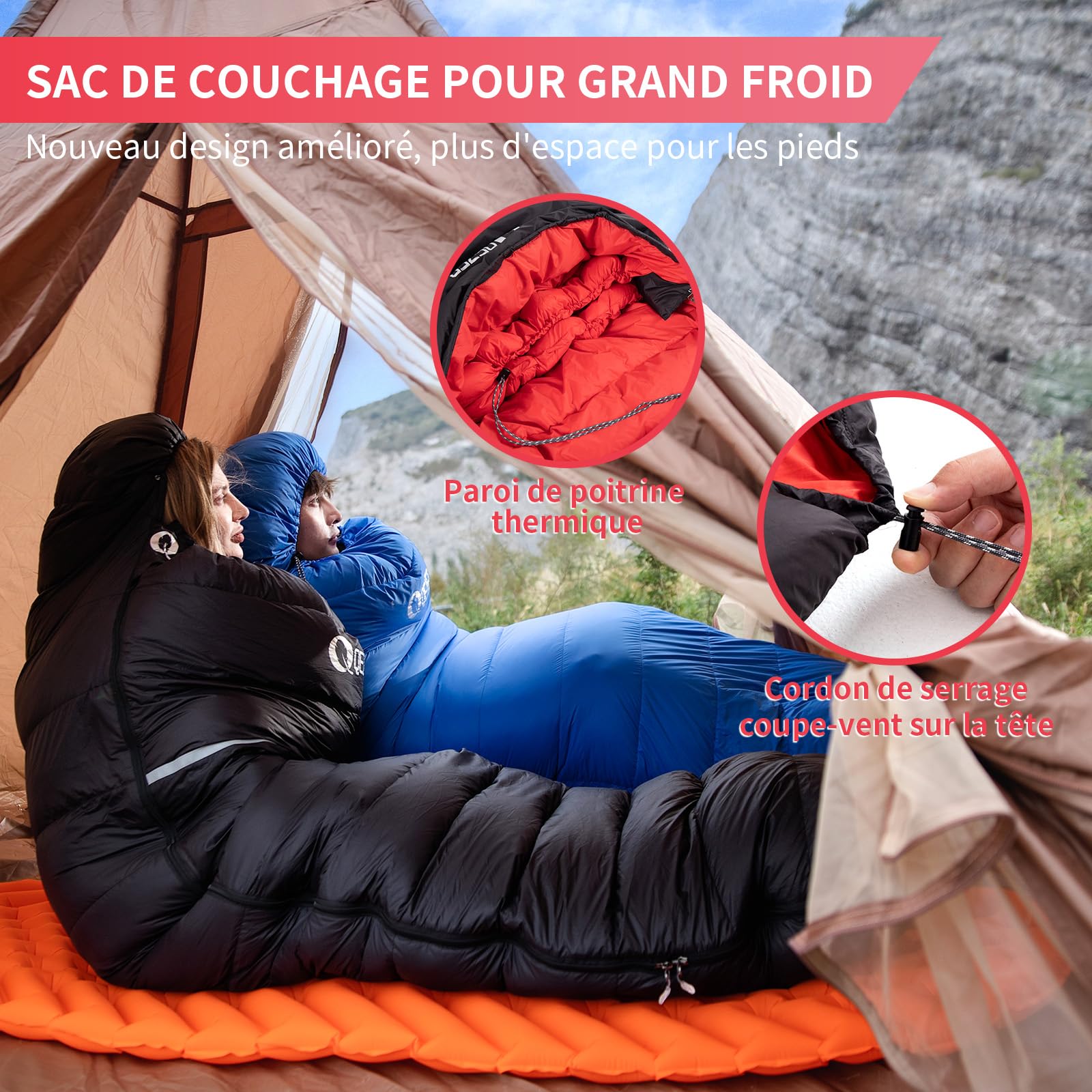Sac de Couchage d'hiver et d'extérieur jusqu'à -18 °C - Léger et Chaud - avec Duvet de qualité supérieure 600 FP - pour Camping, randonnée et Trekking