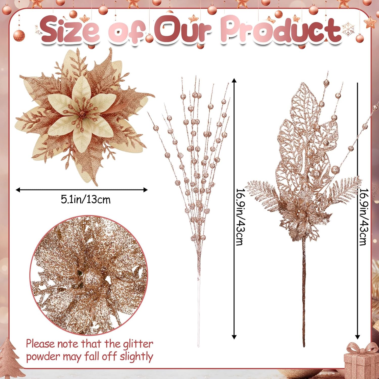 22 Pcs Christmas Tree Decorations Set 8 Pcs Poinsettia Flowers Artificial with Clips 14 Pack Glitter Berries Stems Floral Picks Christmas Ornaments for Holiday Wreath Party Decor(Champagne)