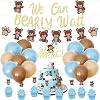 Bear Baby Shower Decorations for Boy Bear Banner Bear Cupcake Cake Toppers Blue Brown Balloons for Bear Birthday Bear Party Supplies