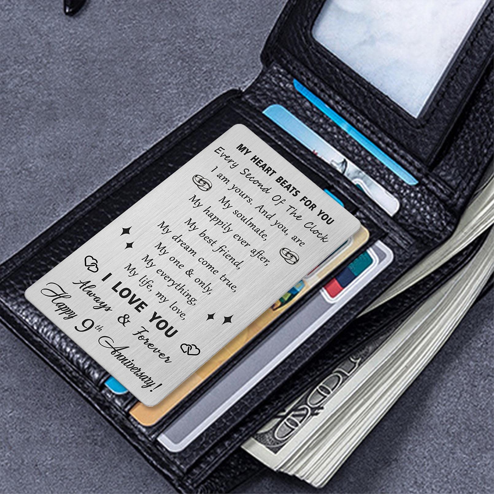 Personalisiertes Geschenk Zum 9. Hochzeitstag – Gravierte Metall-Karte Für Ihn, Mit Liebesbotschaft, Für Die Brieftasche