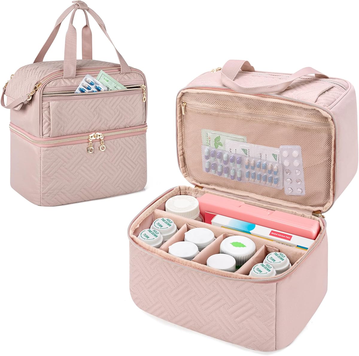 Damero Double Layers Pill Bottle Organizer Empty, Lockable Medicine Storage Bag Medication Travel Bag with 4 Customized Dividers for Prescription Bottles, Medical Supplements,Misty Rose