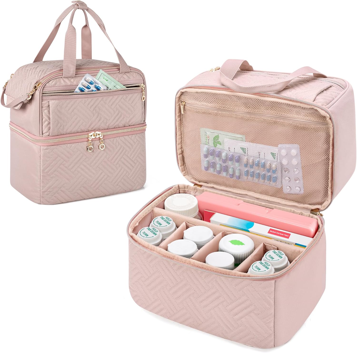 Damero Double Layers Pill Bottle Organizer Empty, Lockable Medicine Storage Bag Medication Travel Bag with 4 Customized Dividers for Prescription Bottles, Medical Supplements,Misty Rose