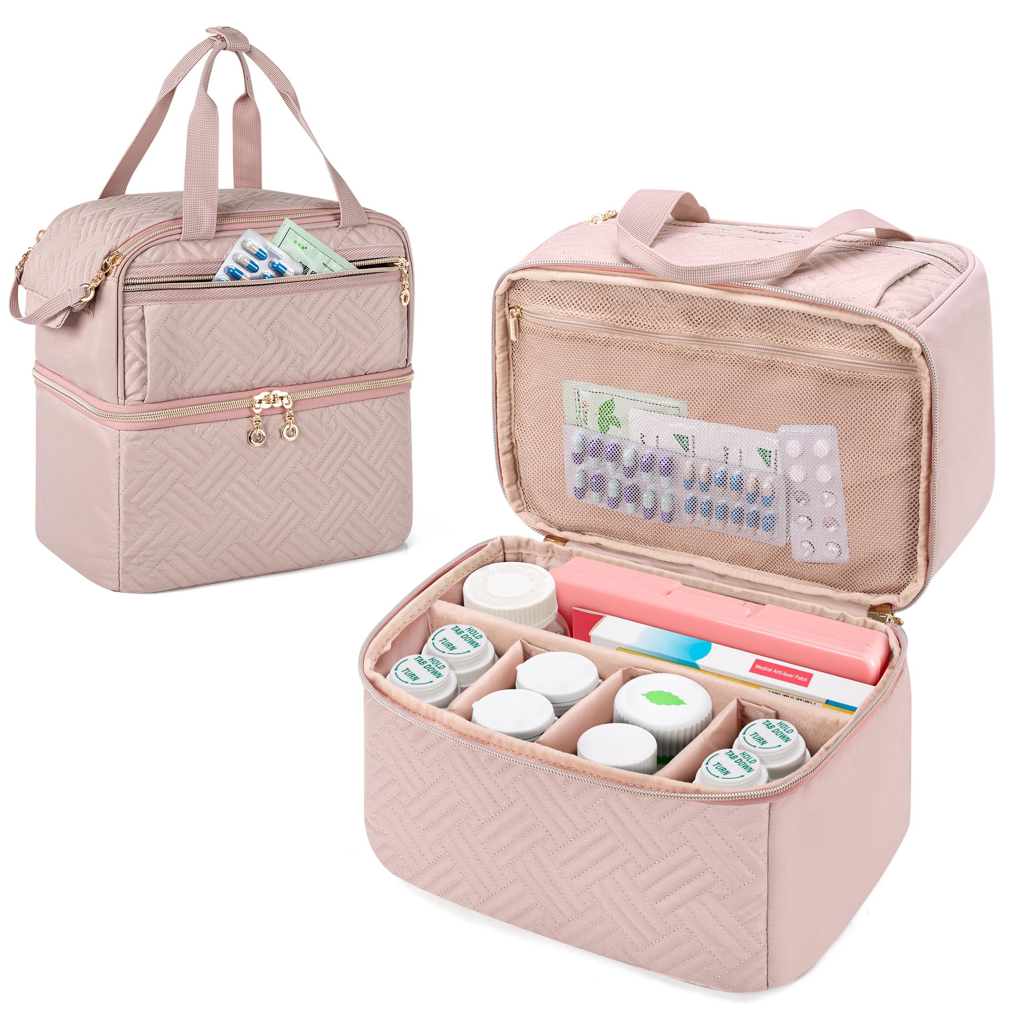 Damero Double Layers Pill Bottle Organizer Empty Lockable Medicine Storage Bag Medication Travel Bag with 4 Customized Dividers