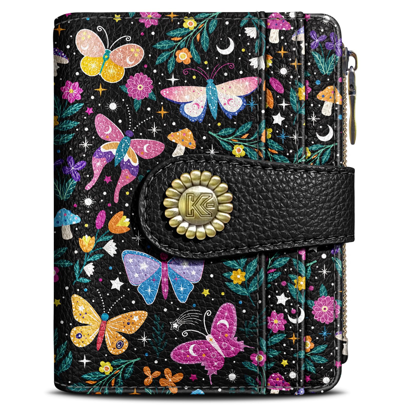 Kelvoris Butterfly Small Rfid Women Wallet Bifold Zipper Coin Pocket PU Leather Compact Cash Credit Card Holder Travel Wallet for Female Ladies Teen