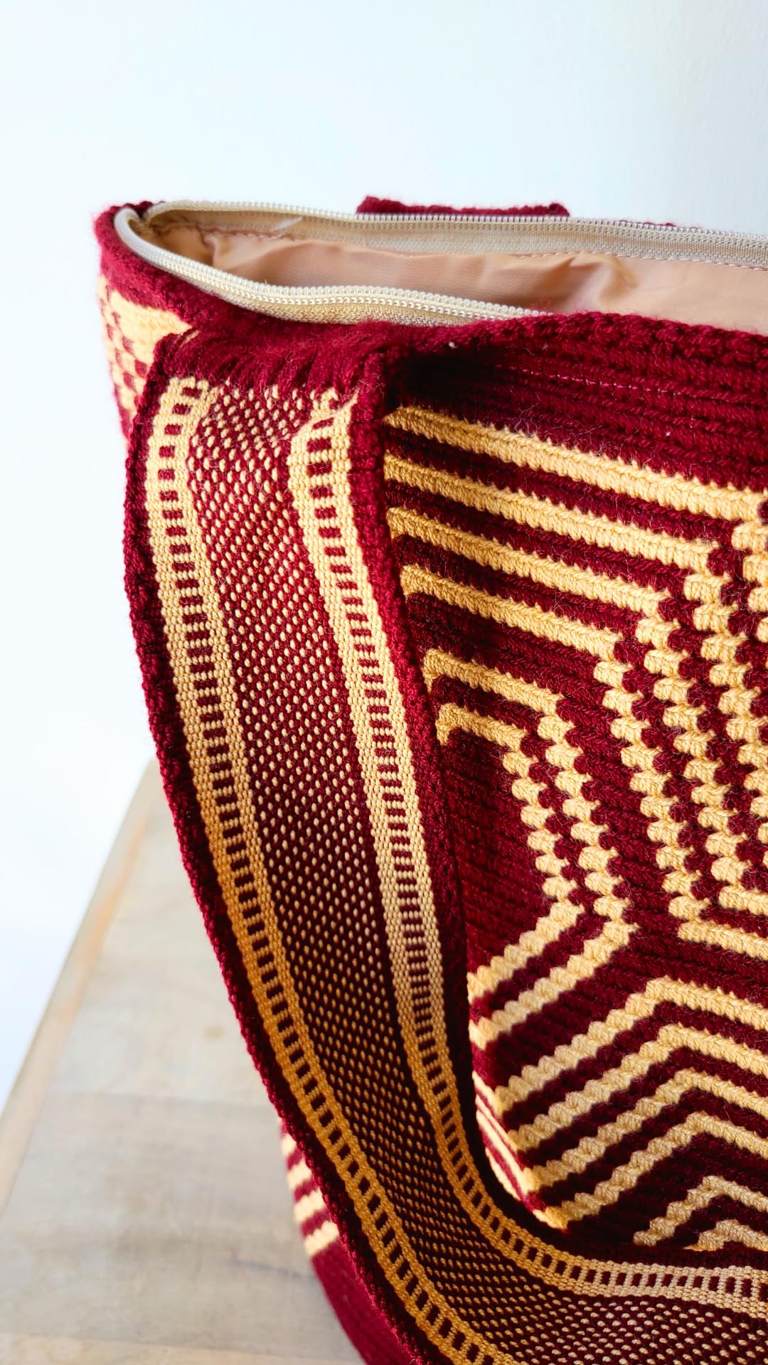 TERRA FUSION Bolso Wayuu hecho a mano | Bolso liso | Bolso ético | Burdeos Beige, granate, L
