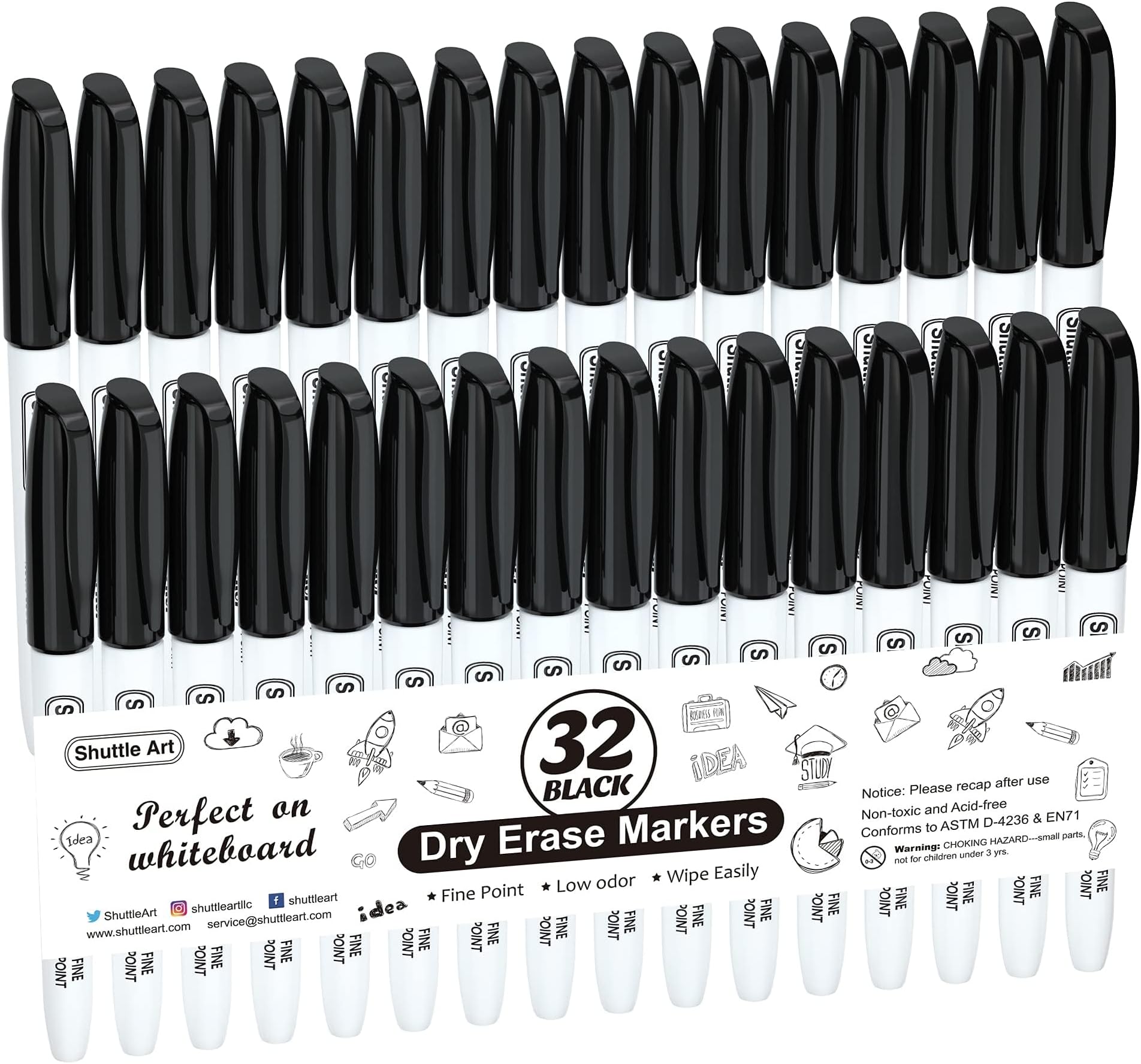 Cloudriver Fine Tip Dry Erase Markers - 60 Pack Black, Low-Odor Whiteboard Markers For School, Office & Home