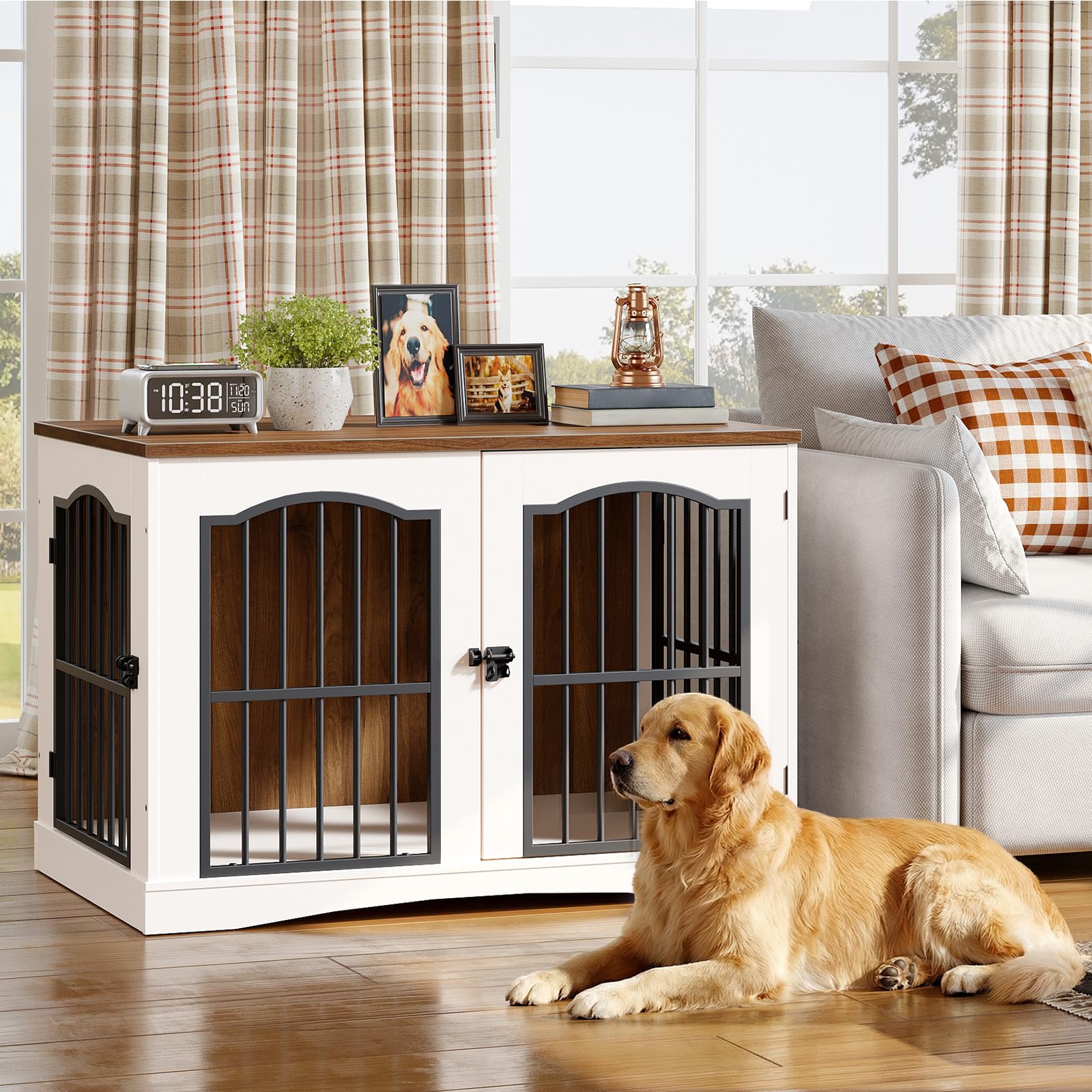 HOOBRO Mobili Gabbia per Cani con 3 Porte, Cuccia Moderna per Cani Interno, Kennel Cane Medio Pesante, Casetta per Animali per Soggiorno Camera Sottoscala, Bianco e Noce EWH66GW03