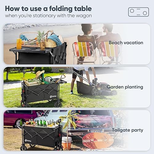 Miniatura 3 de Sekey Carro plegable con mesa plegable y soportes para bebidas, carrito de playa plegable con ruedas todo terreno que carga hasta 330 libras para