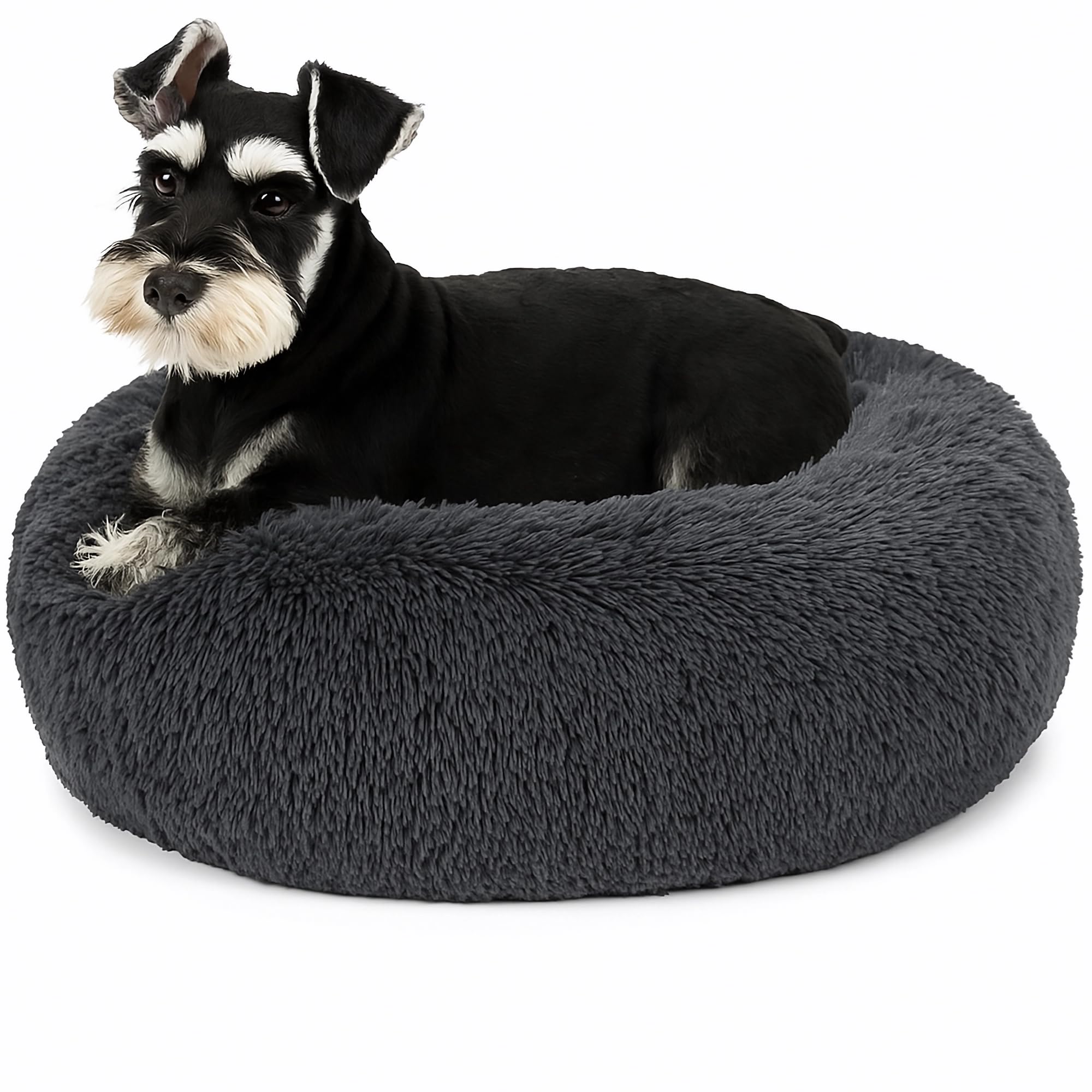 SEOUGEE Calming Donut Dog Bed, Fluffy Plush Round Cat Bed, Cosy Soft Washable Cushion Warming Pet Beds with Non-Slip Bottom, Indoor Sleeping Cuddler Nest for Small Dogs Cats (Dark Grey 50cm)