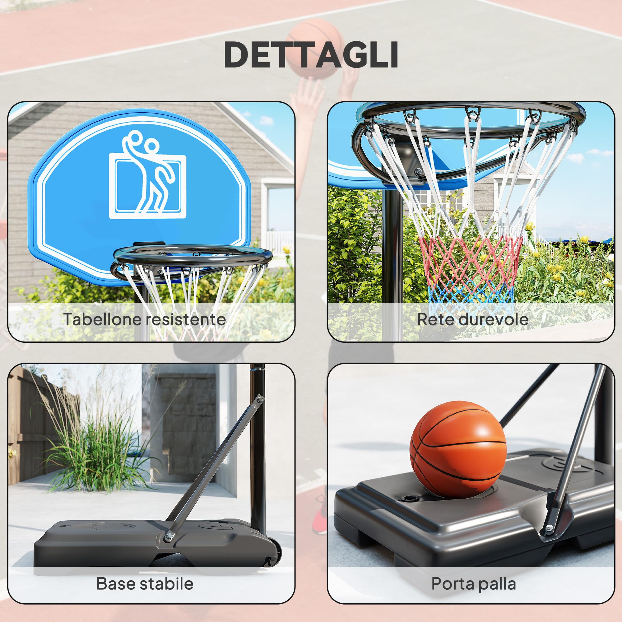 HOMCOM Canestro da Basket Altezza Regolabile 197.5-254 cm, Canestro Trasportabile con Ruote e Supporto, Blu