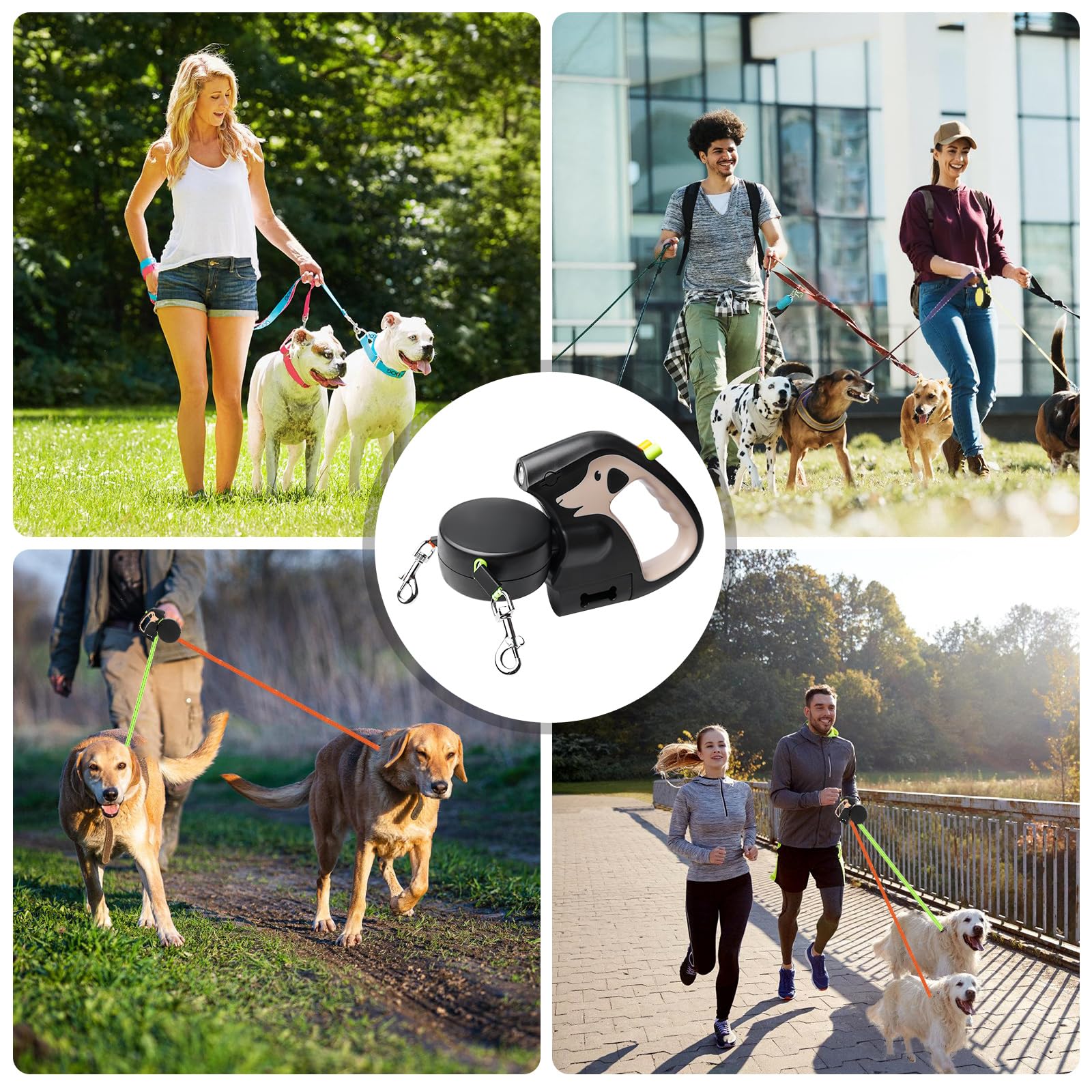 Guinzaglio Doppio Retrattile, Doppio Guinzaglio Per 2 Cani, Cani Con Luce, Guinzaglio Per Da 3 Metri 180° Per Allungabile Con Comoda Impugnatura Ergonomica(Marrone)