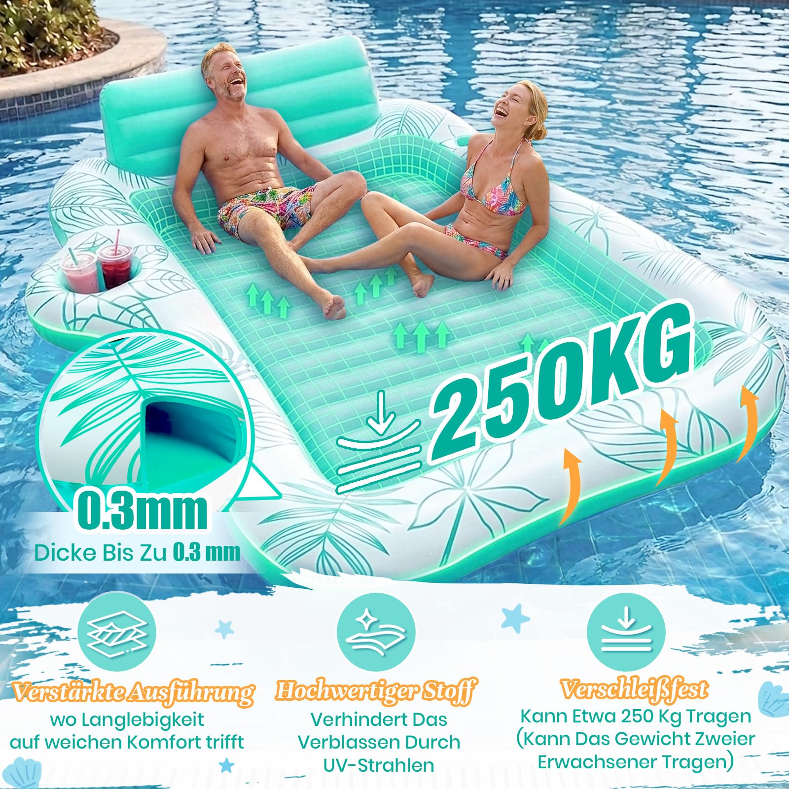 Charmofun Luftmatratze Tanning Pool Groß, 230 * 180 cm Doppelte Deluxe Aufblasbarer Sonnenpool mit Kopfstütze Eisbar wasserdichte Handytasche, Luftmatratze Pool für Erwachsene Strand Sommerspaß