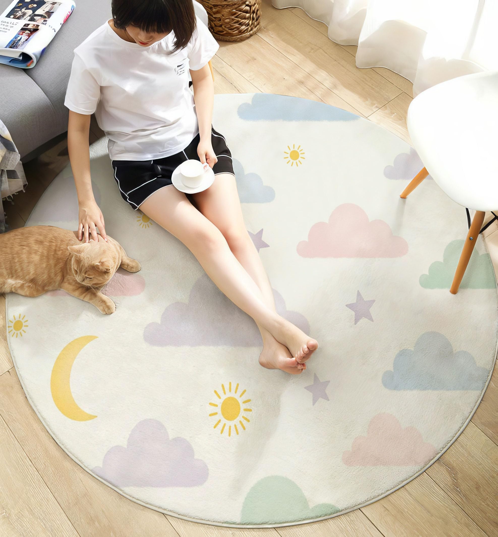 Tapis Poil Court Rond Thème De Bonne Nuit, Tapis Moelleux Imitation Cachemire Chambre Salon Nuages Et Lune Moquette Doux Lavable pour Salle à Manger Chambre D’Enfant (Blanc, 100cm)
