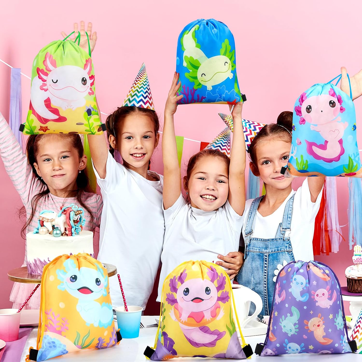 Honoson 16 Pcs Axolotl Drawstring Backpack Axolotl Goodie Bags Gift Bags image 5