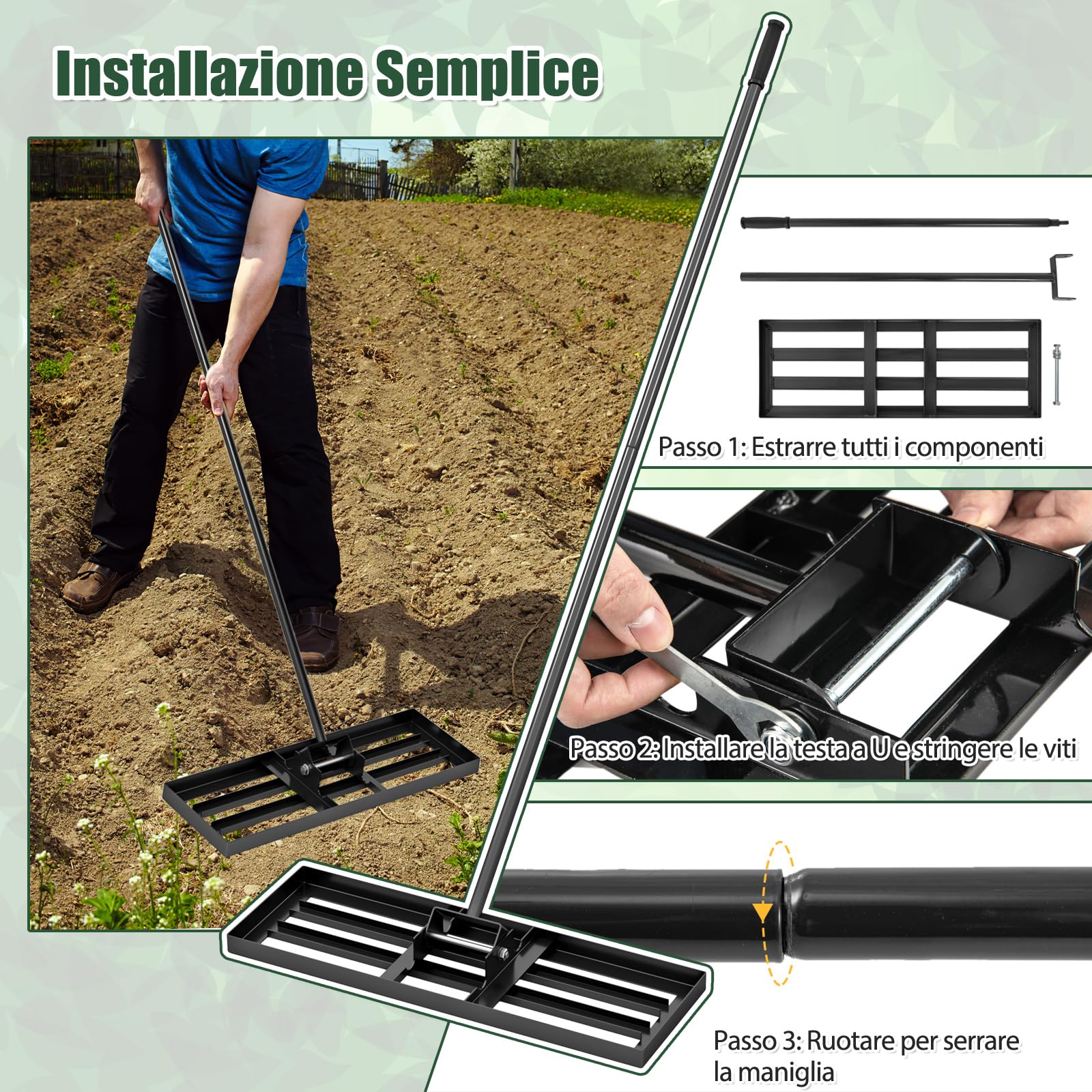 COSTWAY Rastrello Livellatore per Prato, Attrezzo per la Livellatura del Prato con Manico Ergonomico, Livellatrice per Giardino, Cortile, Campo da Golf, Fattoria e Pascolo (Nero 75 x 25 cm)