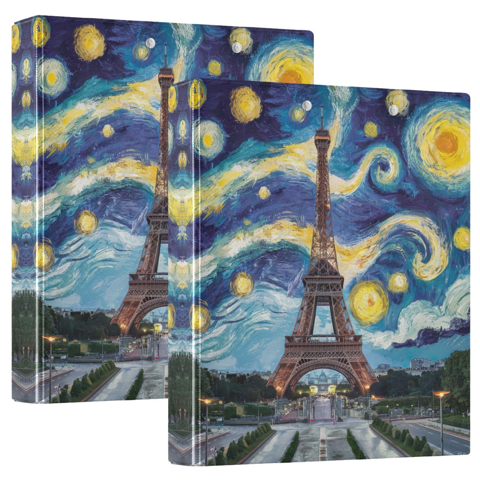 Raccoglitore a 3 anelli con torre Eiffel e notte stellata, 3,8 cm, contiene 200 fogli, raccoglitore ad anelli rotondi, per materiale scolastico, confezione da 2
