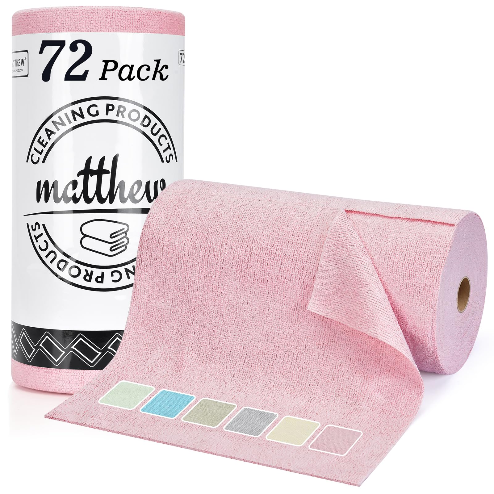 Matthew - Rollo de paño de limpieza de microfibra, paquete de 72 (12 x 12 pulgadas), toallas de papel reutilizables y lavables, ultra absorbentes de agua, trapos de limpieza sin pelusa y rayas para