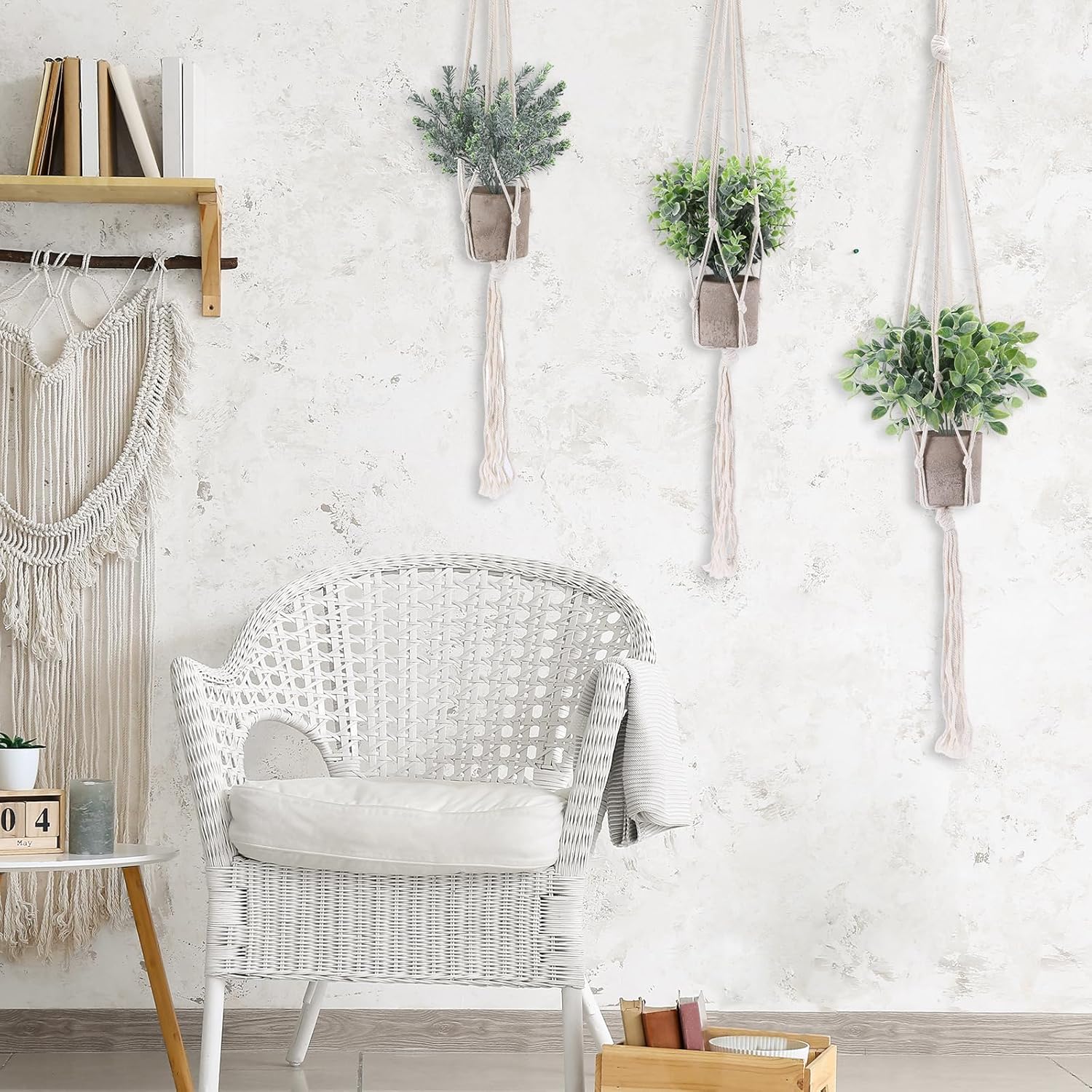 Set of 3 Green Artificial Plants with Macrame Hangers