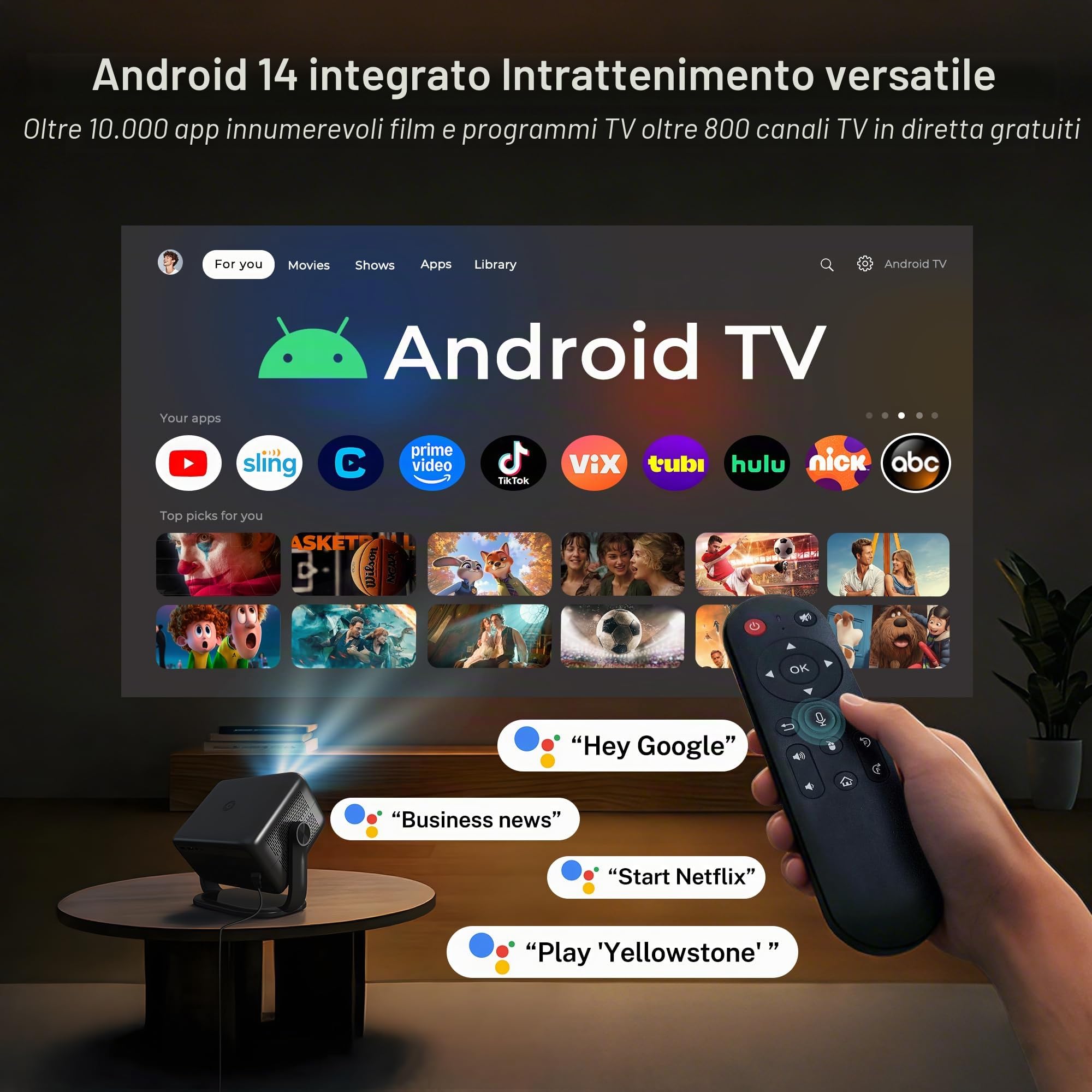 [Controllo vocale KI/Android 14] Smart Beamer, 1080P nativo, 4K supporto | 800 ANSI, audio HiFi, messa a fuoco automatica/correzione trapezoidale, WiFi 6 & BT 5.4, proiettore home cinema