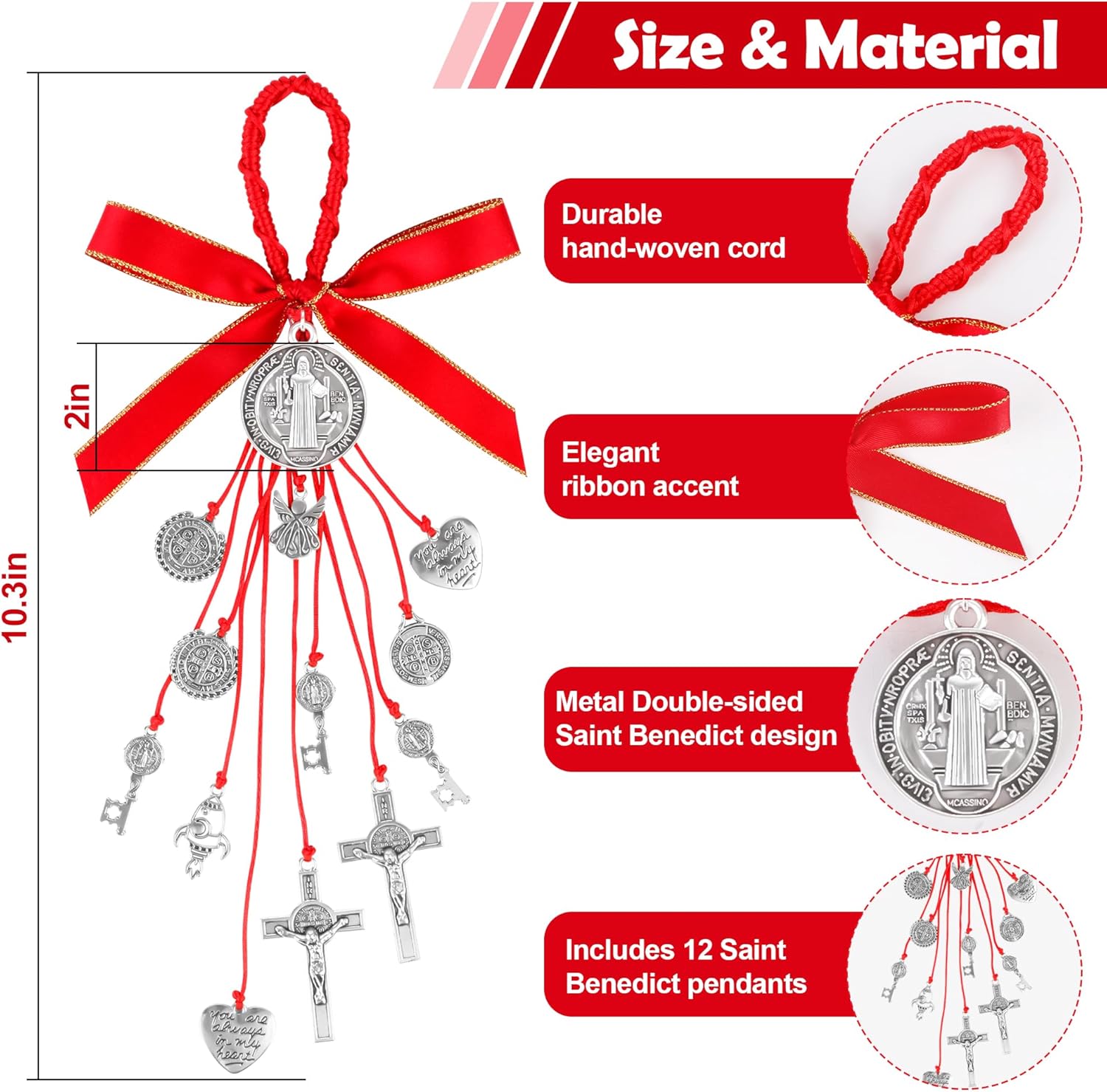 2 Pack Saint Benedict Medal Protection Blessing Charm, St Benedict Crucifix, Protection Catholic Charm Amulet with Crucifix for Men Women, Car Rear View Mirror, Home Decor & Religious Gifts - Image 2