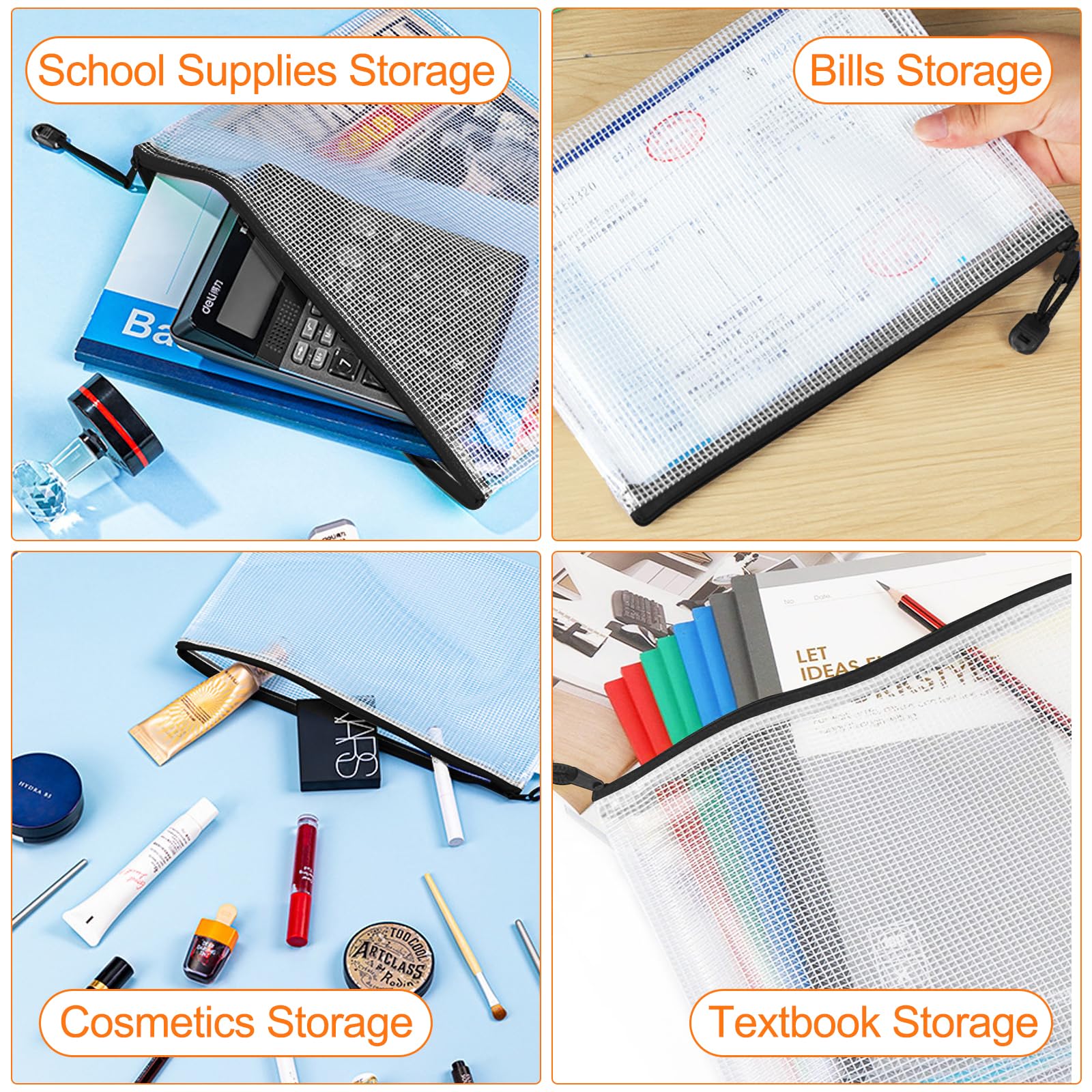 Lot De 12 Pochettes Document A4 à Zip - PVC Transparent étanche - Pour Rangement Bureau, Voyage, Fournitures