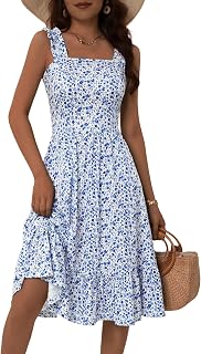 Womens Summer Midi Dress 2025 Elastic Straps Square Neck Cute Floral Flowy A-line Sundresses for Women