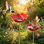 Handmade Metal Flower Garden Stake with Bird Bath & pollinator Water Station, 2026 New Bee Bath for Garden Metal Bee Water Feeder with Flower Design for Outdoor Yard Decor (Red-2PCS)