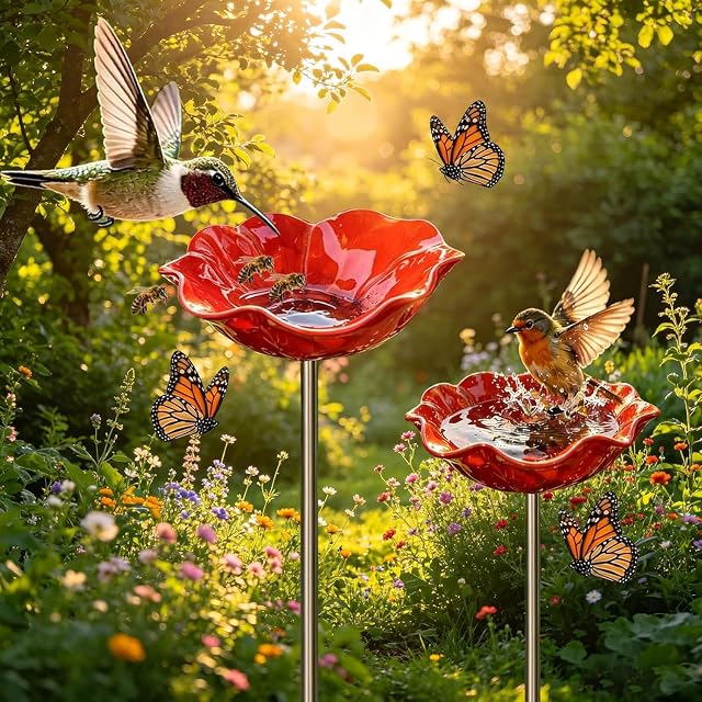 Handmade Metal Flower Garden Stake with Bird Bath & pollinator Water Station, 2026 New Bee Bath for Garden Metal Bee Water Feeder with Flower Design for Outdoor Yard Decor (Red-2PCS)