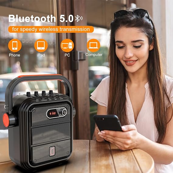 JYX Karaoke Machine with 2 Wireless Microphones, 5200mAh Portable Speaker Set Bluetooth 5.0 Rechargeable PA System with TWS,FM, REC,Stage Subwoofer Supports BT/USB/TF Card/Aux for Party
