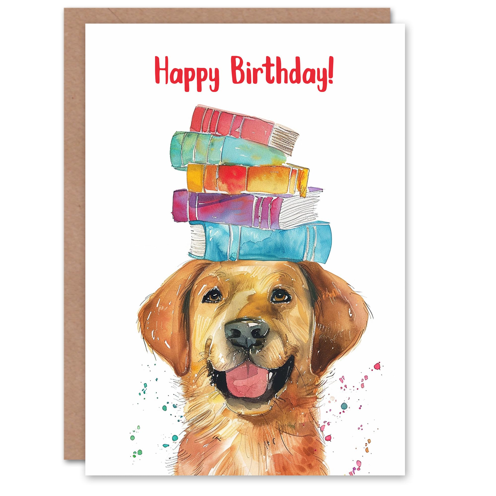 Artery8Birthday Card Happy Labrador Dog Pet with Book Stack on Head For Son Daughter Girl Boy Kids Happy Card