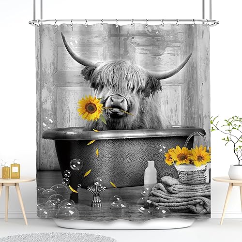 SVBright Divertida cortina de ducha de vaca de las tierras altas, 60 pulgadas de ancho x 72 pulgadas de largo, rústico, granja, girasol, ganado,