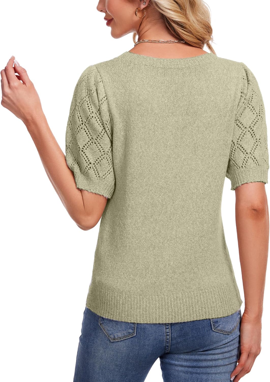 Women's Short Sleeve Knit Tops Soft Puff Sleeve Lightweight Sweaters for Casual and Work - Image 3