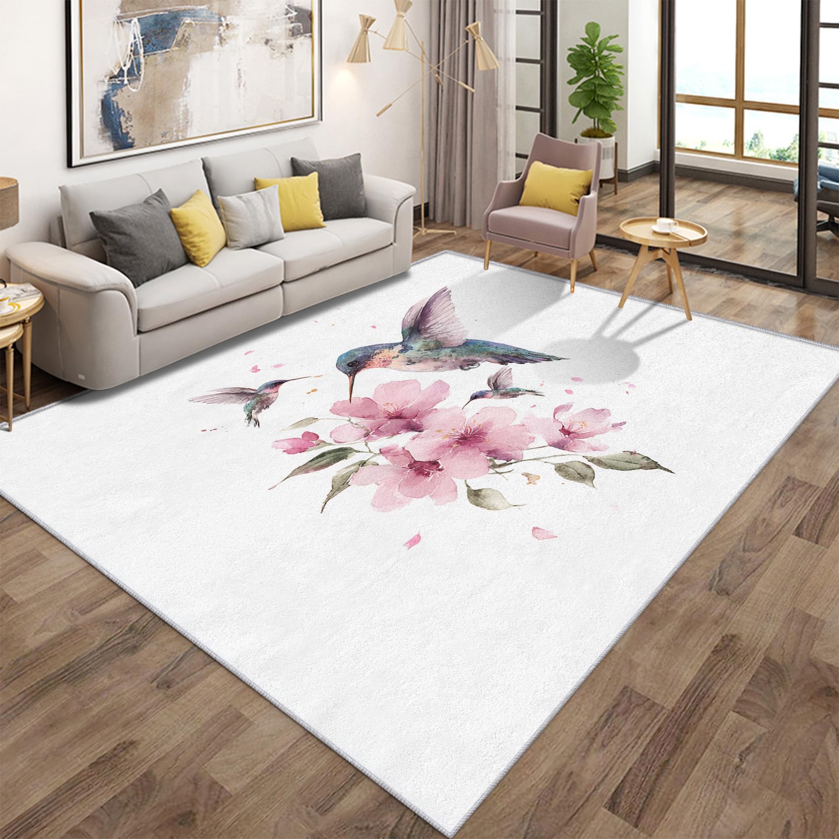 Tapis fleurs et oiseaux rose pour réchauffer l'ambiance de la chambre