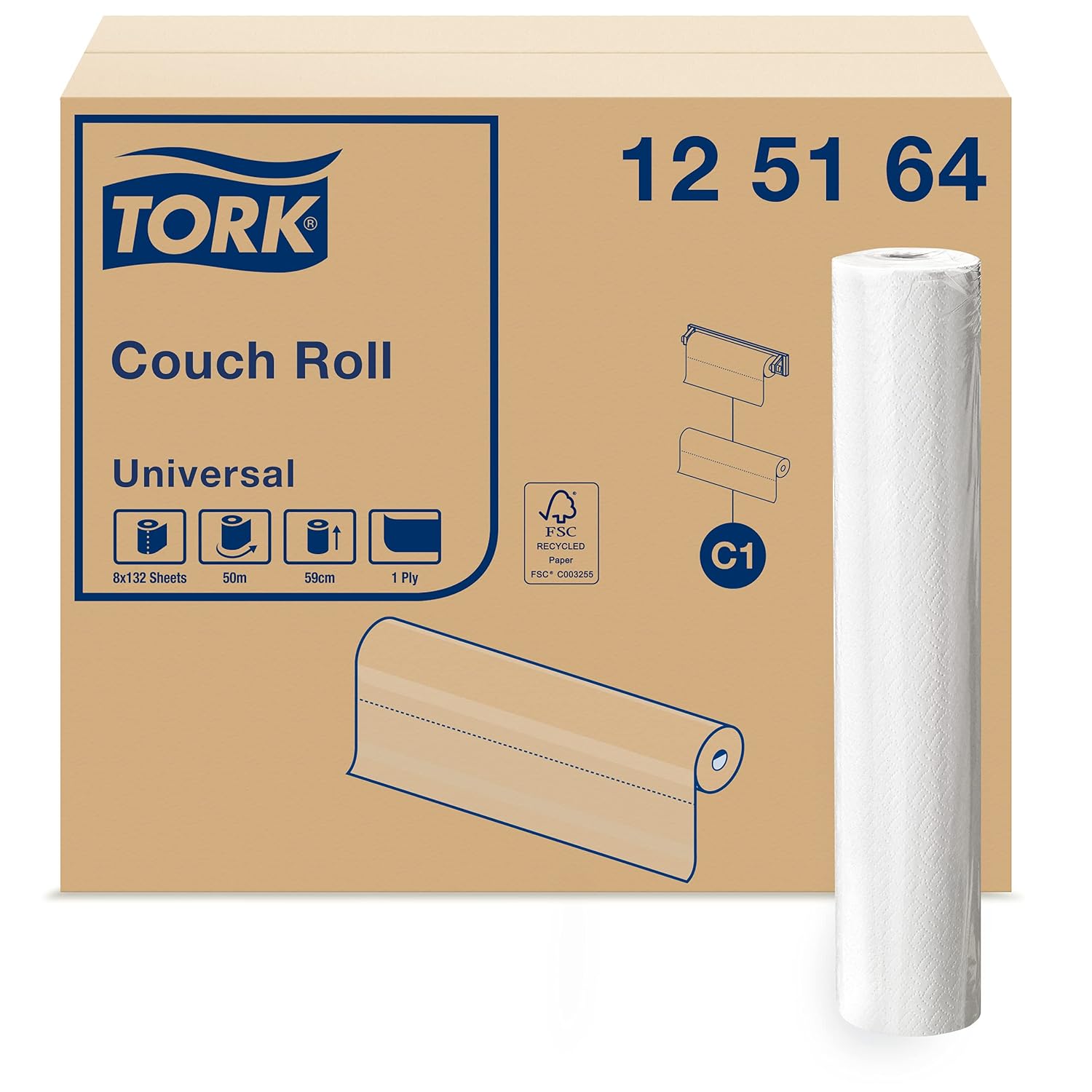 Tork 125164 Papel para camilla Universal de 1 capa compatible con el sistema de rollos de camilla C1, blanco, 8 rollos x 50.16 metros, 38 x 55 cm (L x A) x servicio