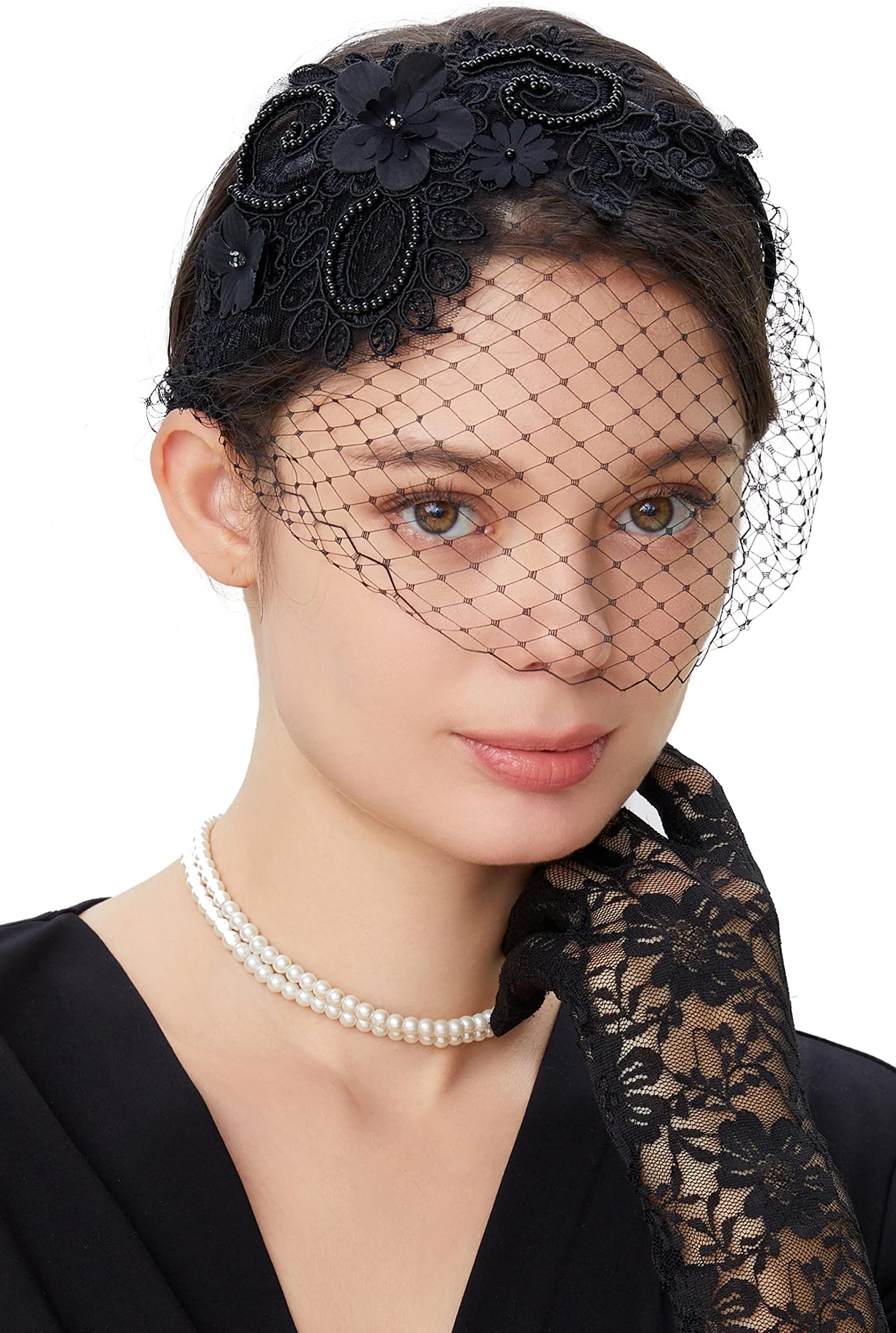 Bridal Wedding Veil Fascinator Mesh Lace Headband Tea Party Flower Fascinator Funeral Hats for Women