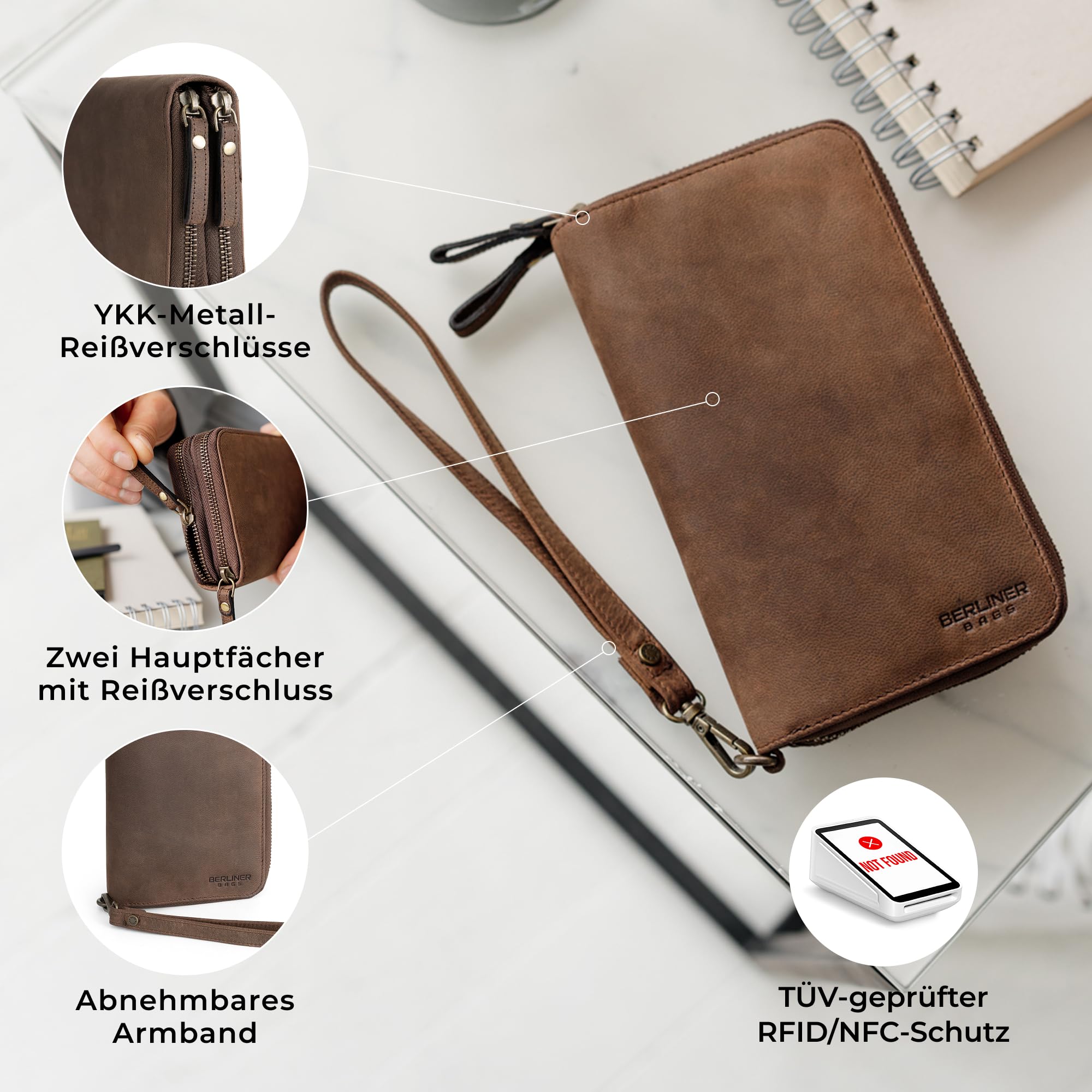 Berliner Bags Große Geldbörse Dallas Vintage, Brieftasche Leder - Braun | M Geldbörse Herren Groß, 26 Kartenfächer, Handschlaufe, Reißverschluss für Münzen, TÜV-geprüftes RFID-Schutz
