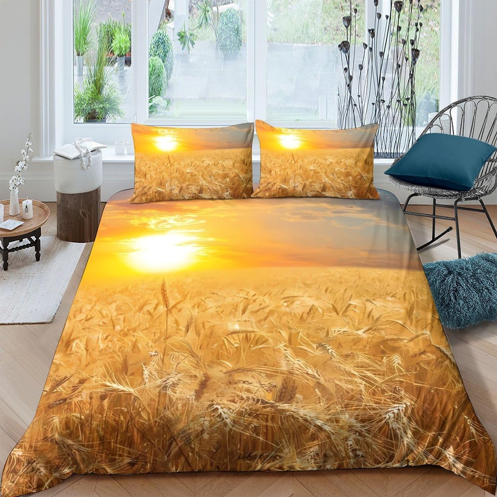 Ctjqhvkz Style-1 3D Printed Golden Wheat Sunset Fitted Sheet Microfiber Soft Durable Harvest Field Bed Cover For Bedroom Guest Room Decor Single（135X200cm）