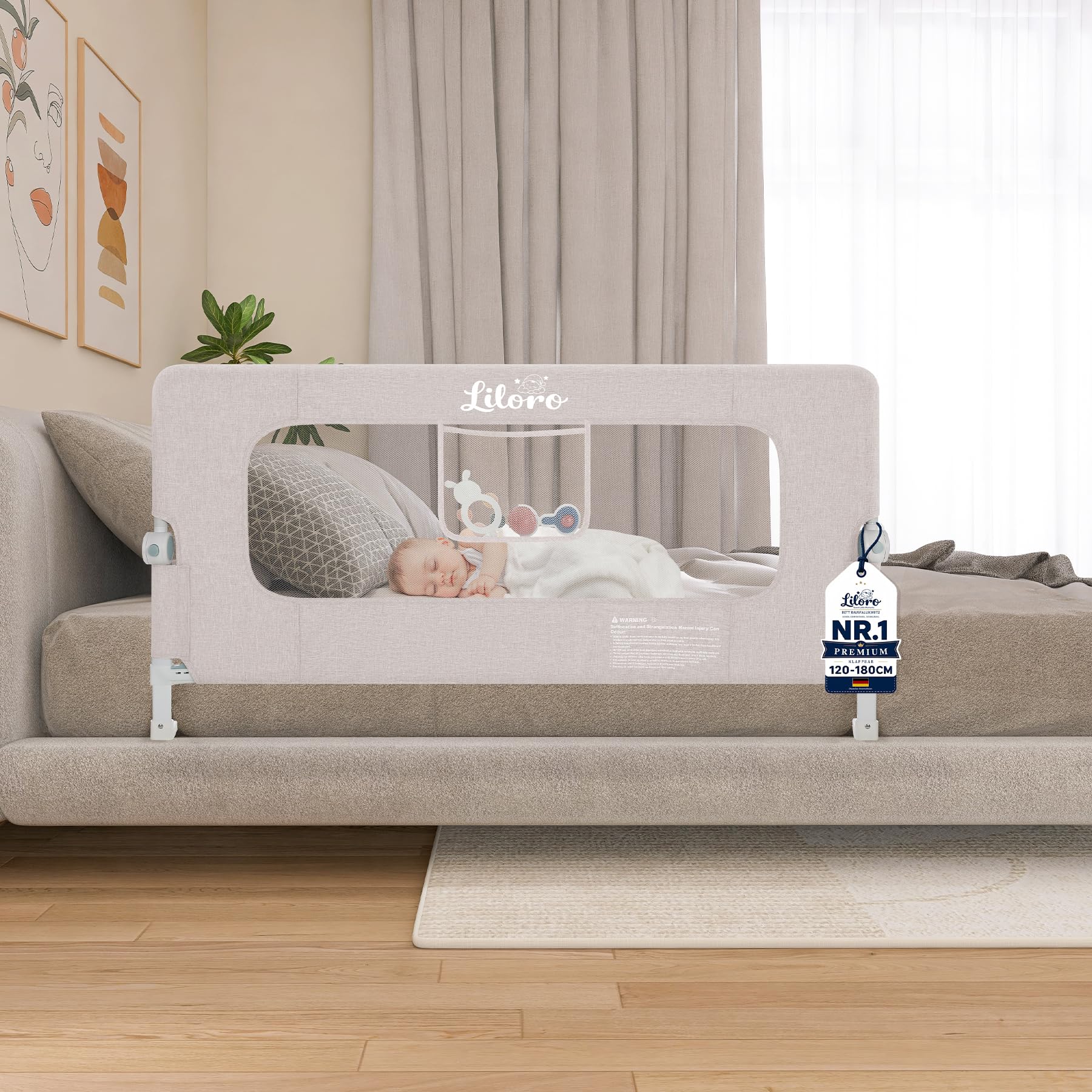 Liloro Toddler Bed Rail 150cm, Foldable Baby Bed Guard, No Drill Safety Bed Rail for Kids, Anti-Collision Protection, Fits Double, King and Single Beds, Oat Beige