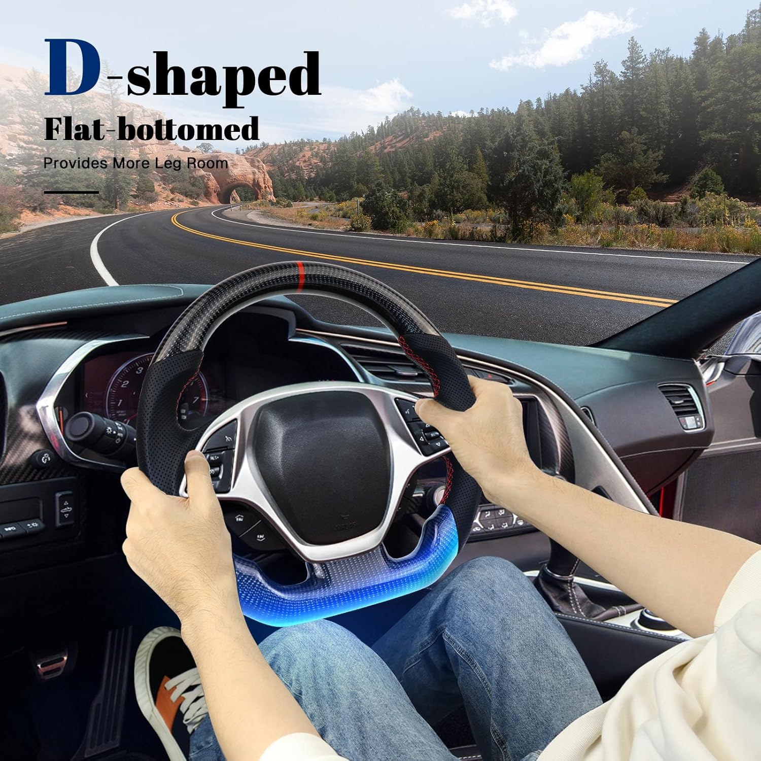 Real Carbon Fiber Steering Wheel For Chevrolet Corvette C7 2014-2019 D-shaped Nappa Perforated Leather Flat-bottom Steering Wheel