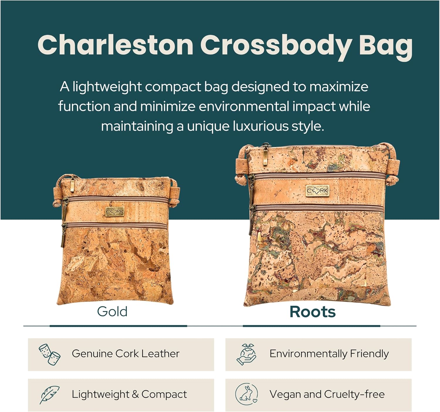 Small Cork Crossbody Bag for Women – Lightweight Multi-Pocket Travel Bag with Adjustable Strap – Vegan Cork Leather