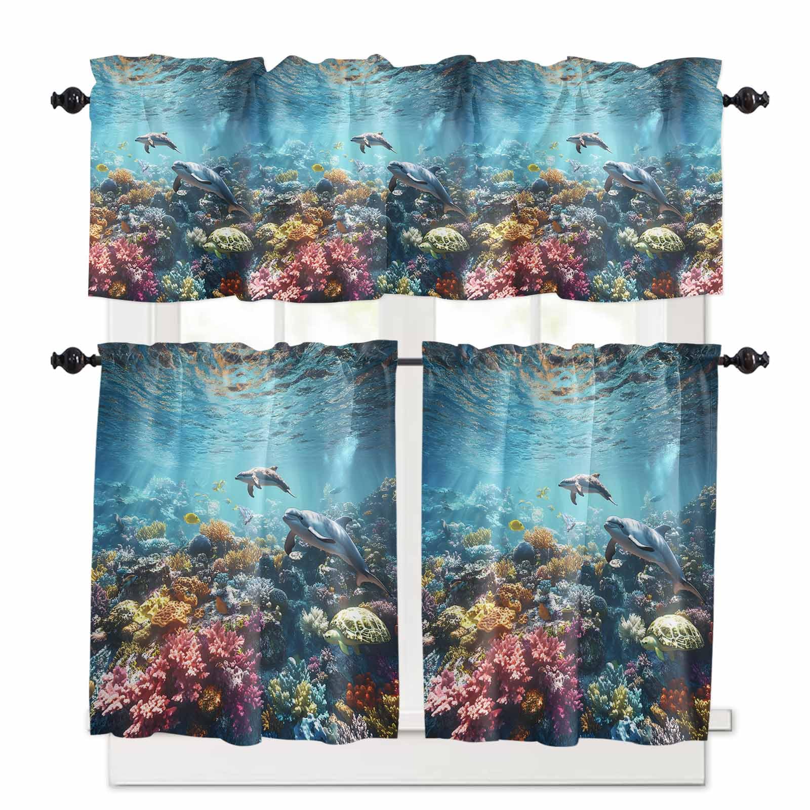 Underwater Animals Kitchen Curtains 36 Inch Length, 3 Piece Rod Pocket Small Half Tiers and Valance Set, Turtle Shark Coral Coastal Fish Small Large Window Treatment Decor for Bedroom/Bathroom Sink