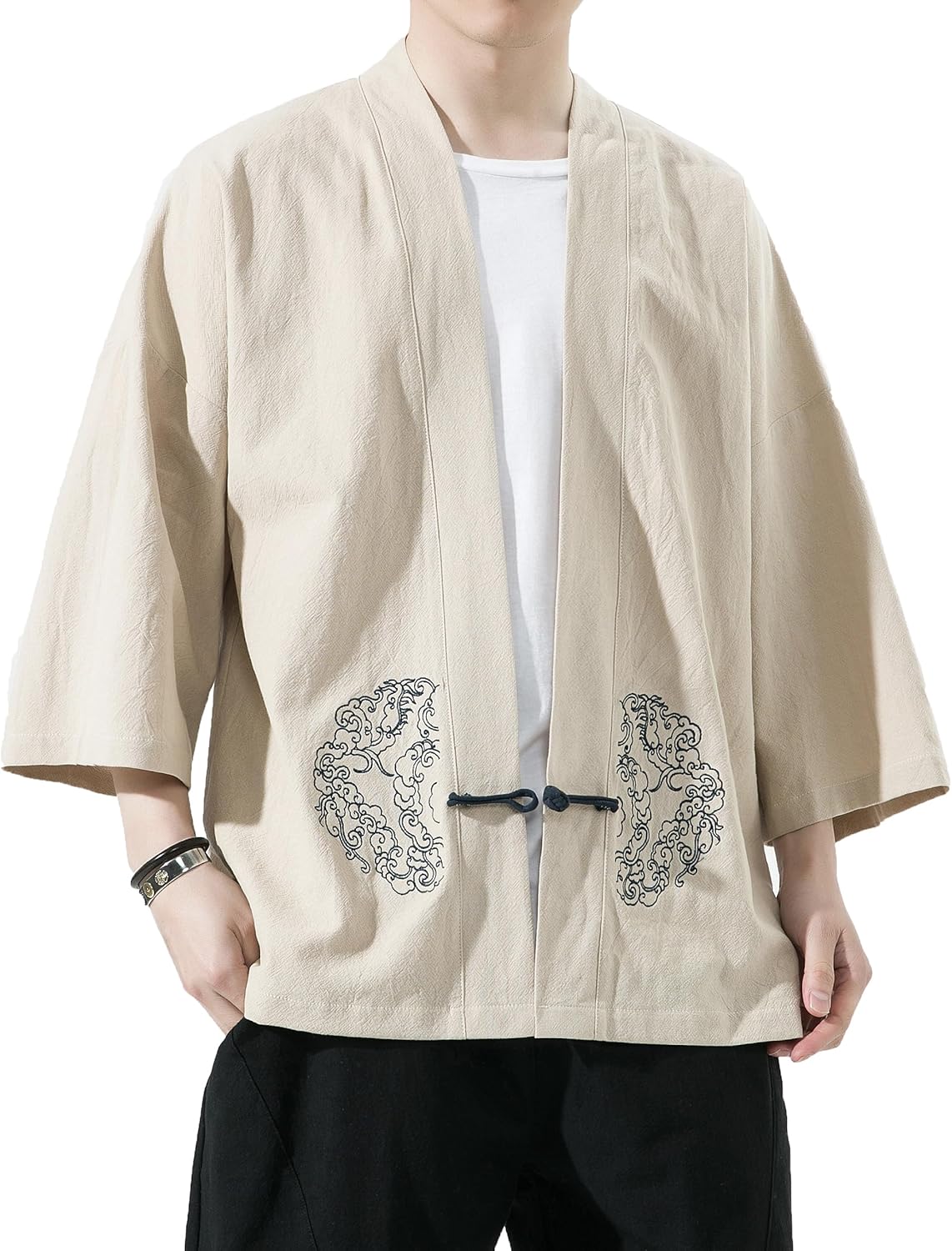 PRIJOUHE Men's Kimono Jackets Cardigan Casual Cotton Blends Linen Seven Sleeve Open Front Embroidery Coat - Image 5